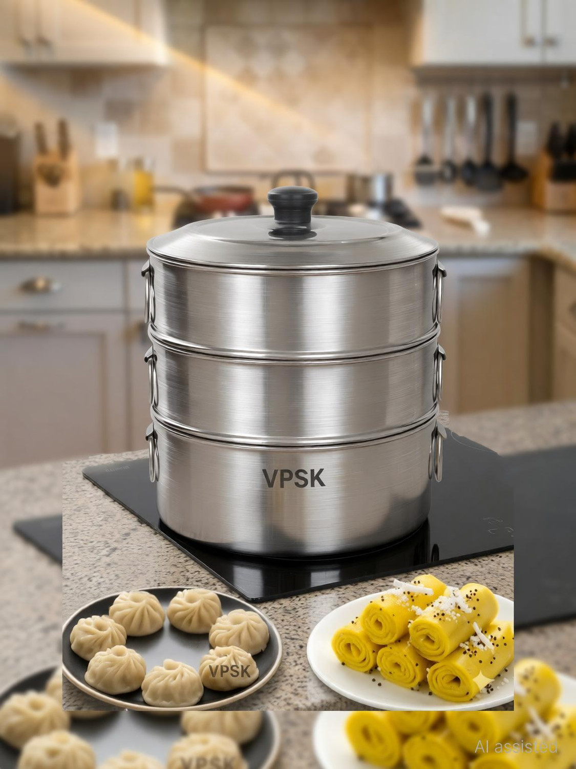 Image of VPSK Stainless Steel Steamer 3 Tier with stainless steel Lid 23 cm,Momos,Modak Maker Stainless Steel Steamer
