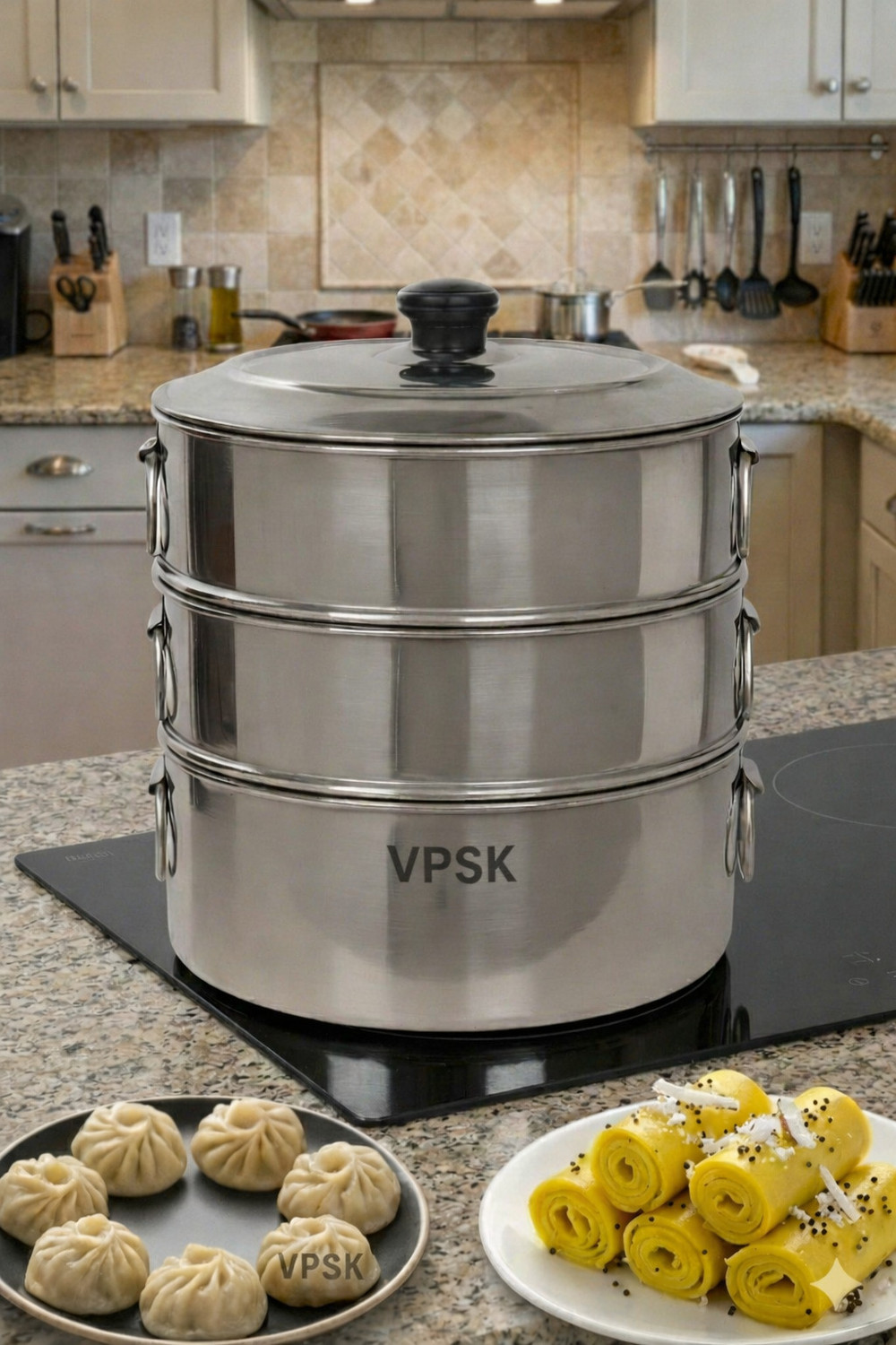 Image of VPSK Stainless Steel Steamer 3 Tier with stainless steel Lid 23 cm,Momos,Modak Maker Stainless Steel Steamer