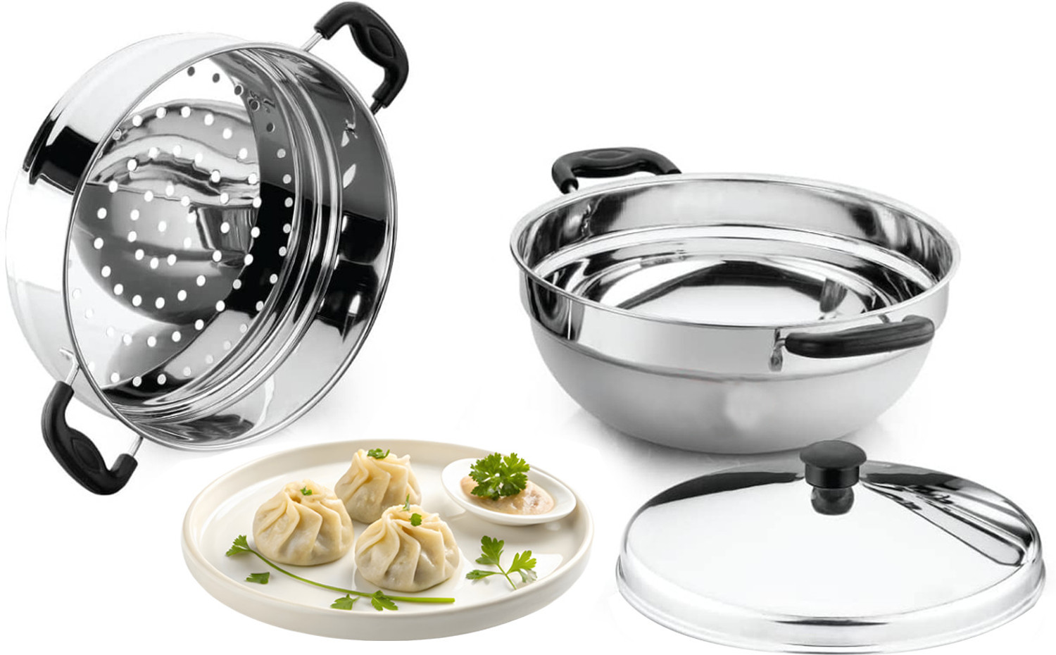 Image of FORTUNA KITCHENWARE Steel Mini Momo Steamer | Vegetable Steamer for Cooking | Small Momos Steamer Stainless Steel Steamer
