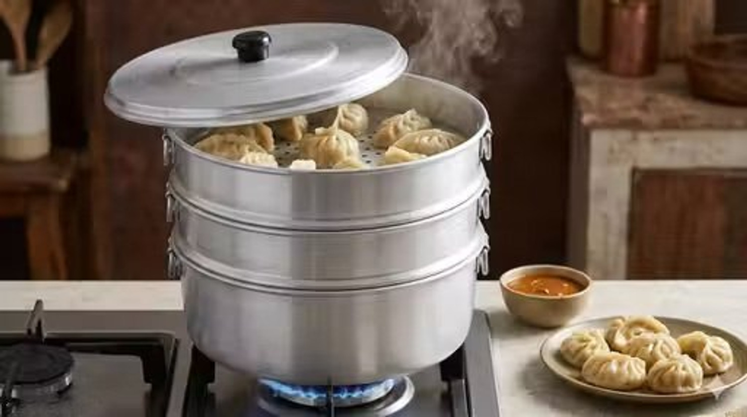 Image of SHRI VASUNDHRAM MOMO STEAMER 8 INCH 3 TIER Aluminium Steamer