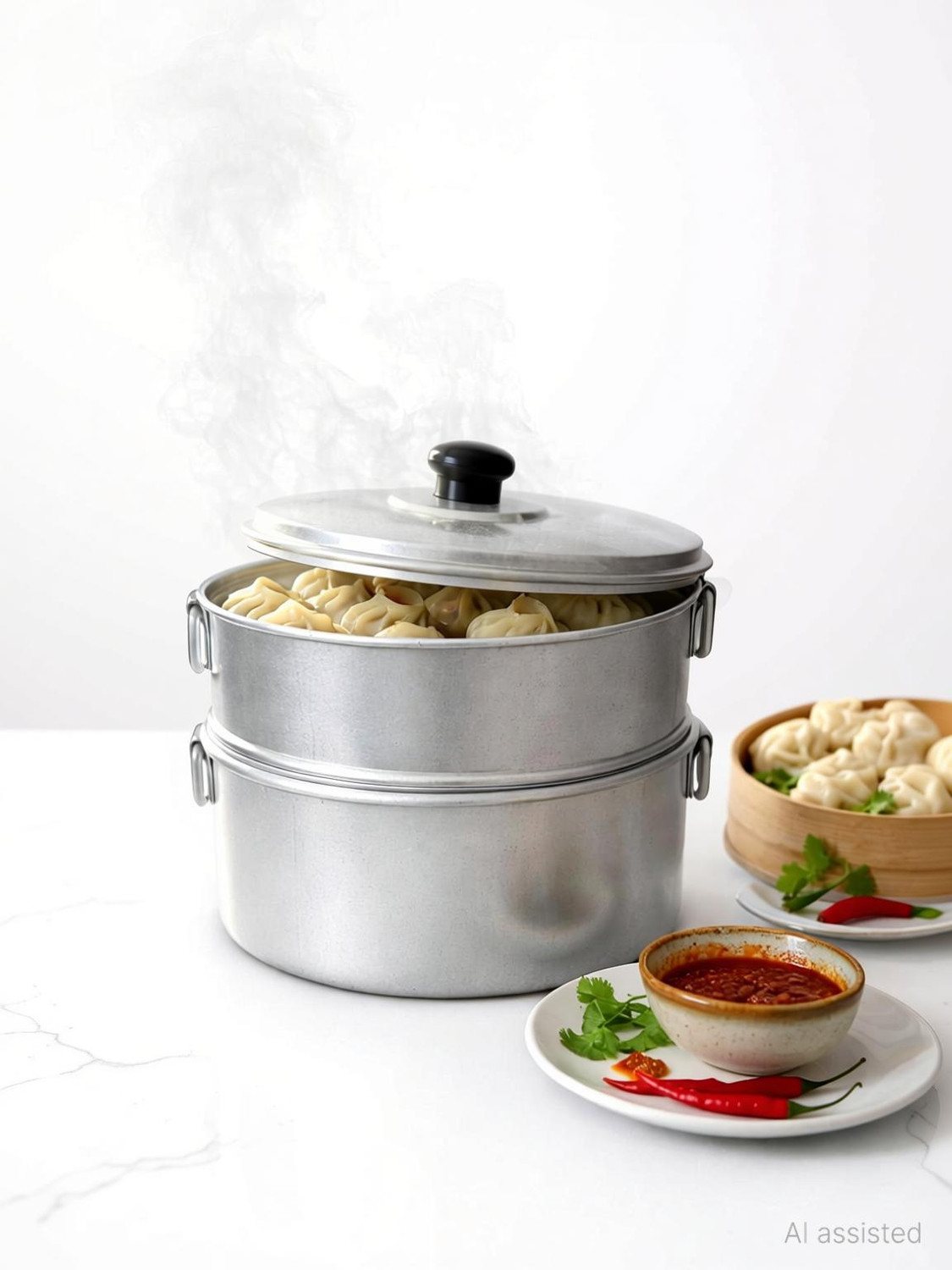 Image of VPSK 2Tier Aluminium momos steamer foridli |Dimsum|Vegetable|momos |used for onlyhome Aluminium Steamer