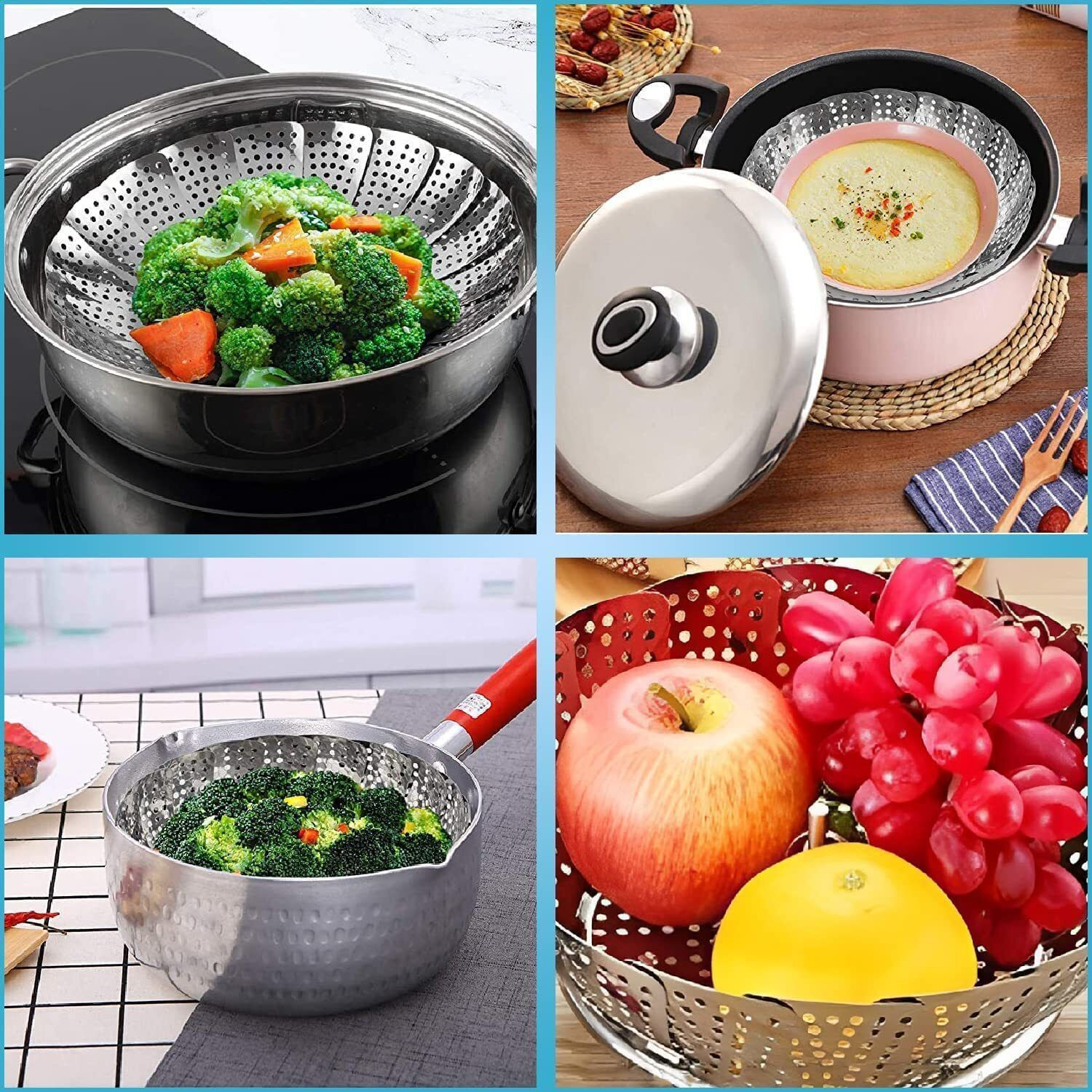 Image of On cart Folding Vegetable Steamer Basket, 100% Stainless Steel Steamer Insert for Veggie Stainless Steel Steamer