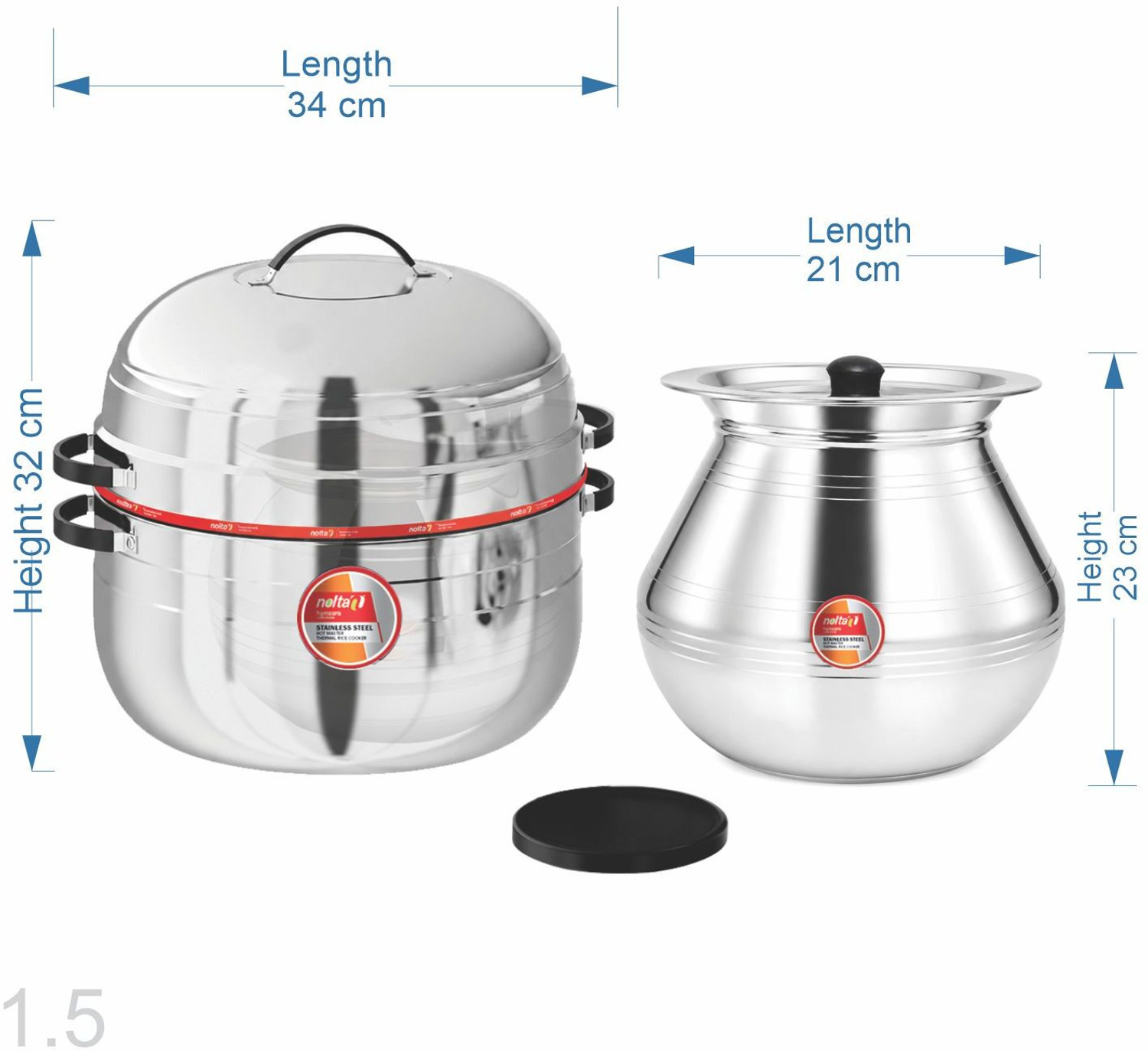 Image of Nolta 1.5 KG Thermal Rice Cooker, ISO Certified, SS Pot & Rubber Gasket, Choodarapetty Stainless Steel Steamer
