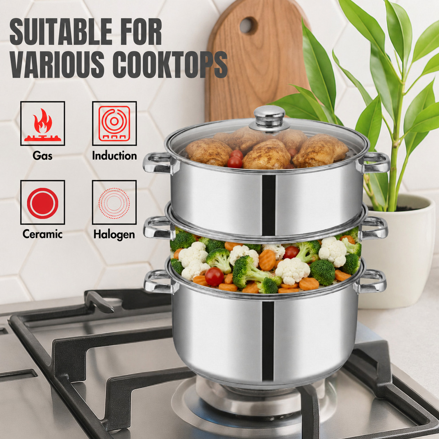 Image of VINOD 3-Tier 24 cm Stainless Steel Momo & Modak Steamer, Glass Lid, Induction Base Stainless Steel Steamer