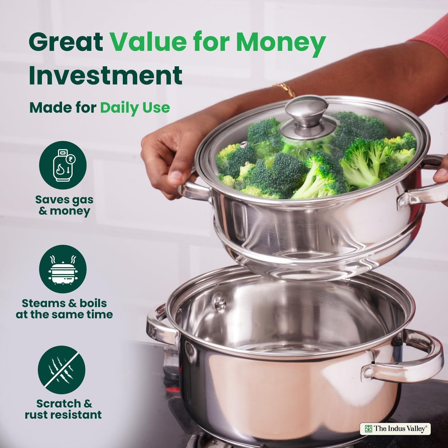Image of The Indus Valley 2-Tier Steamer with Glass Lid| 3-Layer sandwich base Modak /Veggies / Momo Maker| Stainless Steel Steamer