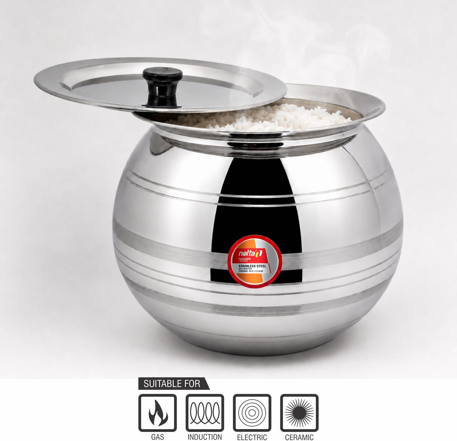 Image of Nolta Rice Cooker 1 KG, Thermal SS Pot & Rubber Gasket, ISO Certified Choodarapetty Stainless Steel Steamer