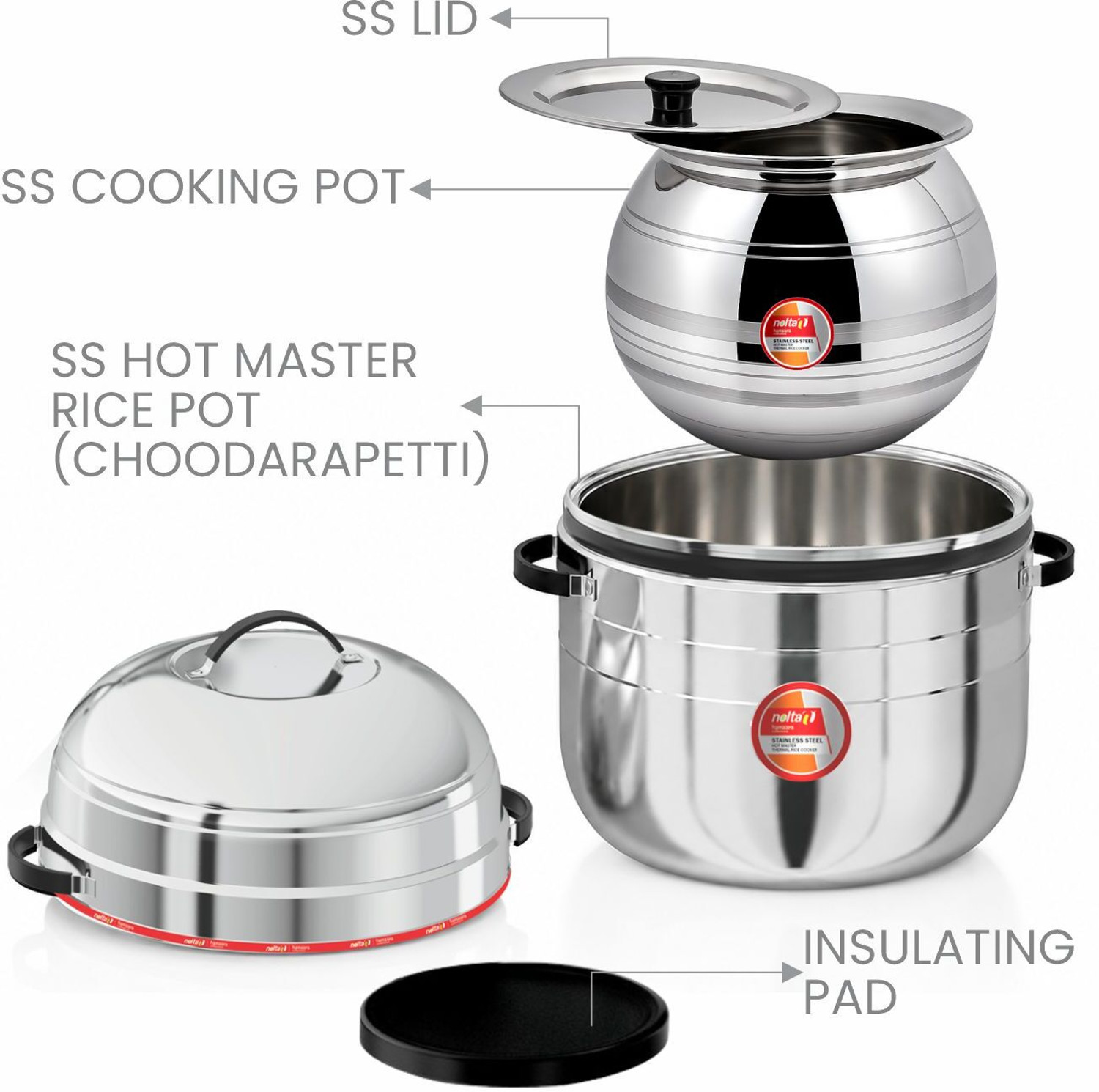 Image of Nolta Thermal 2KG Rice cooker, ISO Certified, Big SS Choodaarapetty with Pot & Gasket, Stainless Steel Steamer