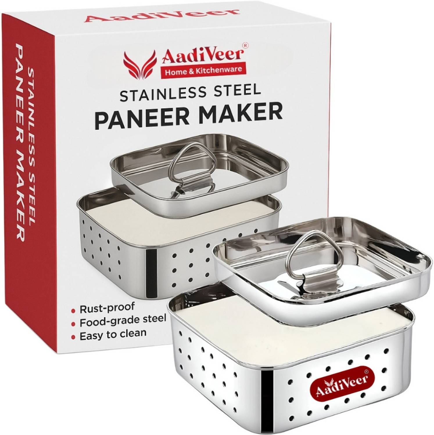 AadiVeer Premium 550ml Paneer Maker | Tofu Maker | Sqaure Panner Mould With Lid Stainless Steel Steamer
