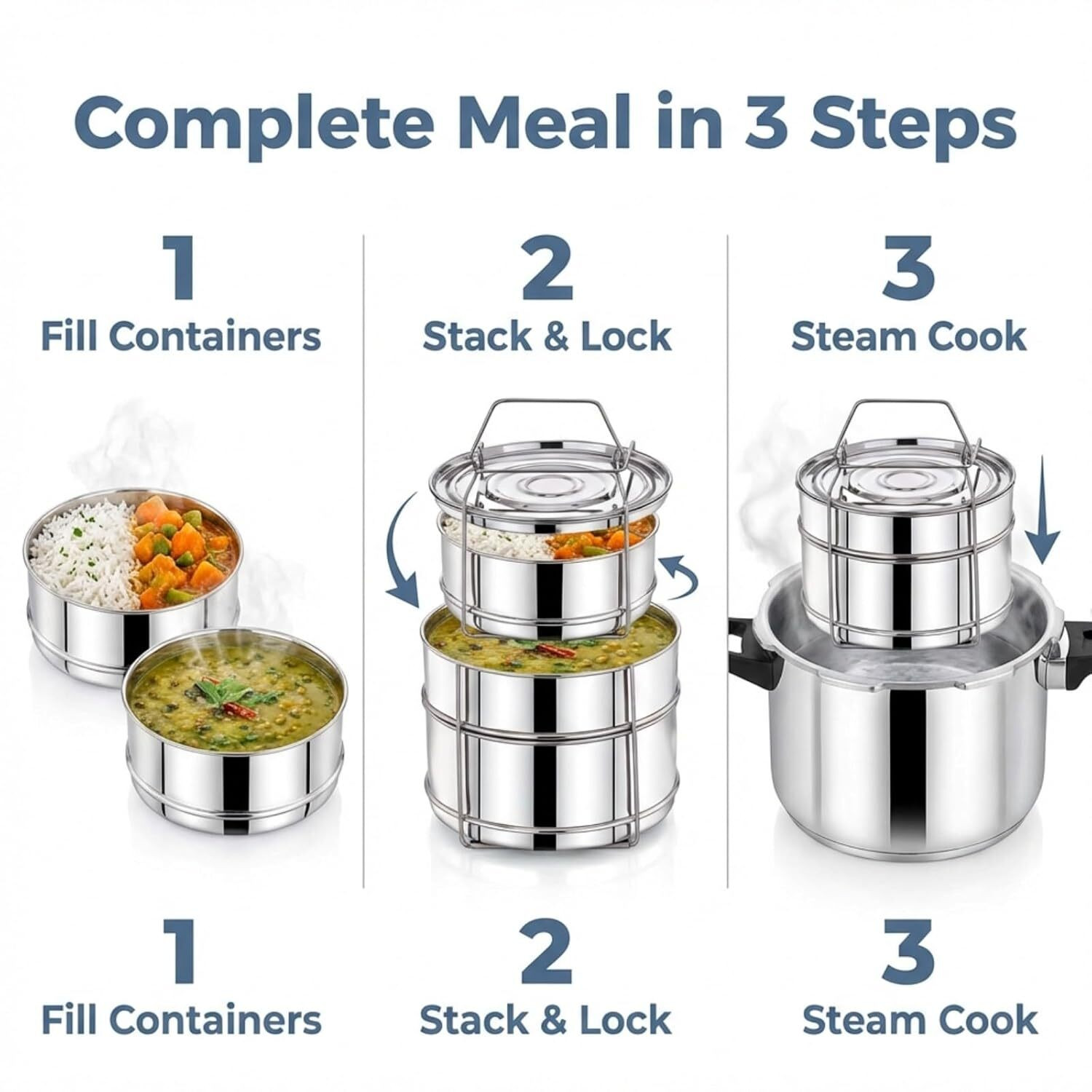 Image of Onions Expresso 7.5L Outer Lid Cooker Separator Set (2 Containers) Stainless Steel Steamer