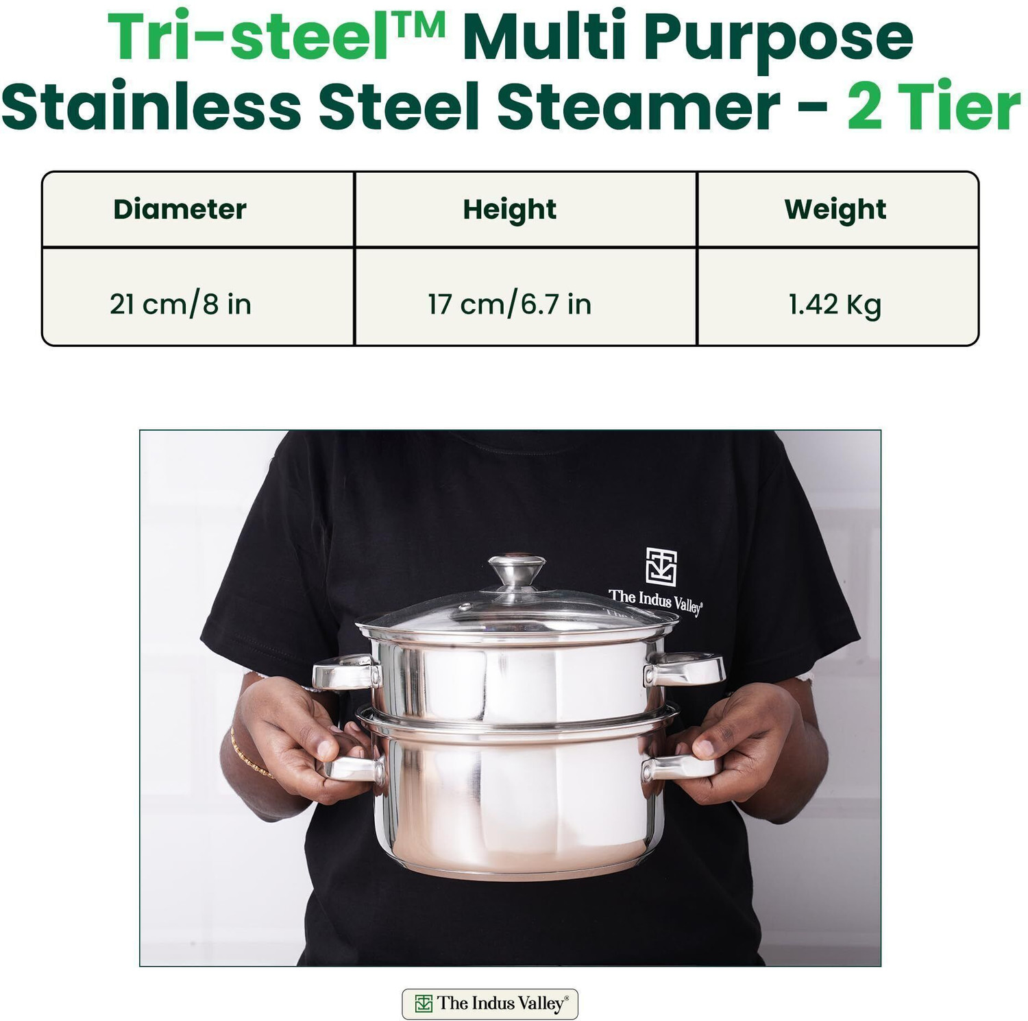 Image of The Indus Valley 2-Tier Steamer with Glass Lid| 3-Layer sandwich base Modak /Veggies / Momo Maker| Stainless Steel Steamer