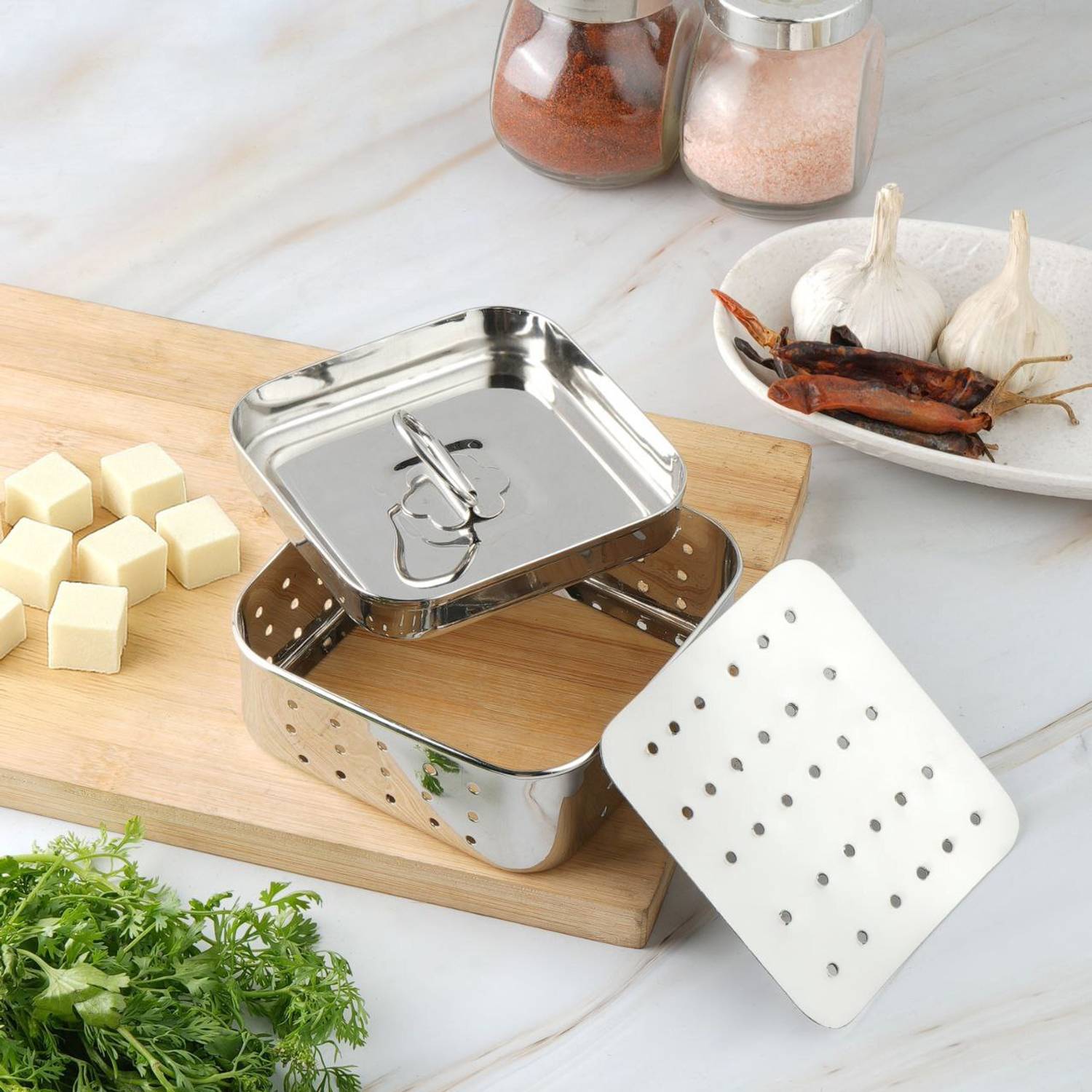 AadiVeer Square Paneer Maker 300ml Small Size | Stainless Steel Tofu Maker Press With Lid Stainless Steel Steamer