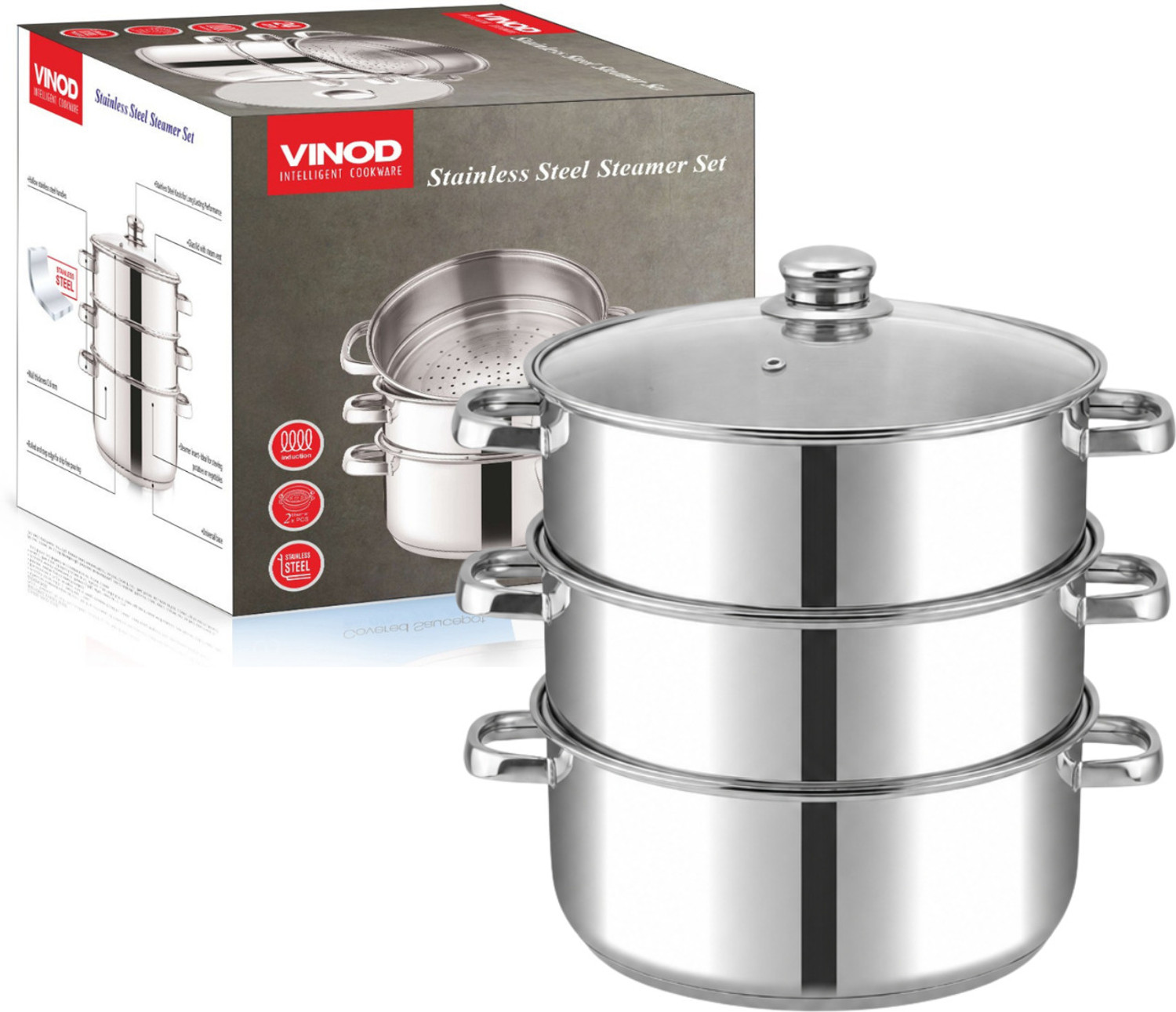Image of VINOD 3-Tier 24 cm Stainless Steel Momo & Modak Steamer, Glass Lid, Induction Base Stainless Steel Steamer