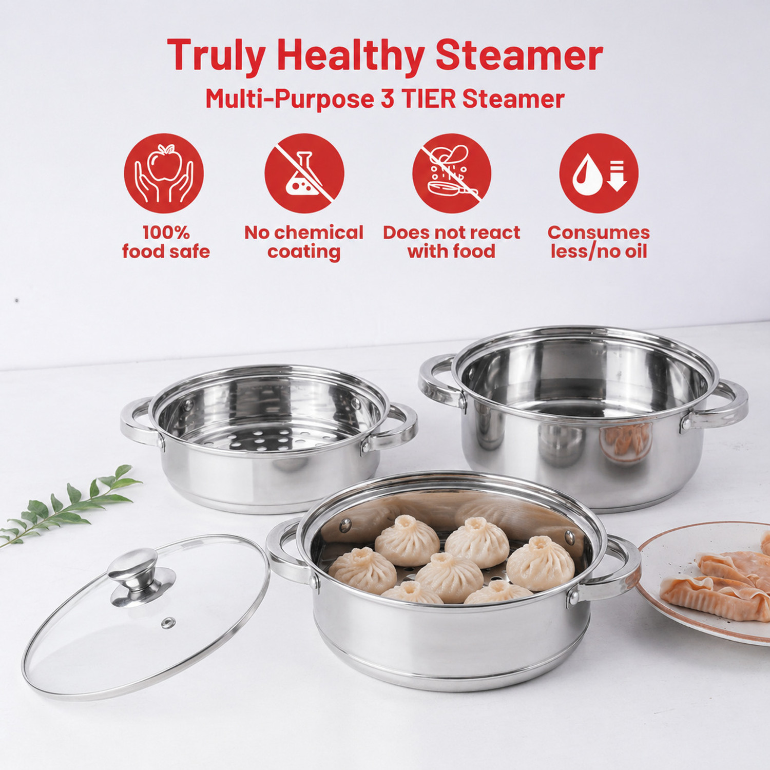 Image of VINOD 3-Tier 24 cm Stainless Steel Momo & Modak Steamer, Glass Lid, Induction Base Stainless Steel Steamer