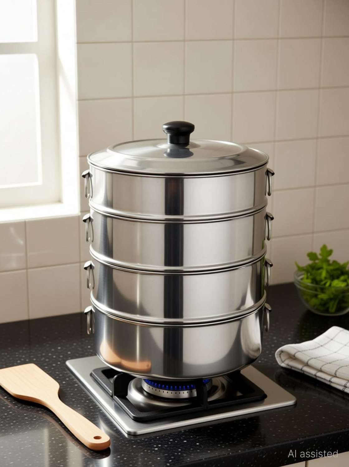 Image of VPSK Stainless Steel Steamer 4 Tier with stainless steel Lid 23 cm,Momos,Modak Maker Stainless Steel Steamer (2.3 L)