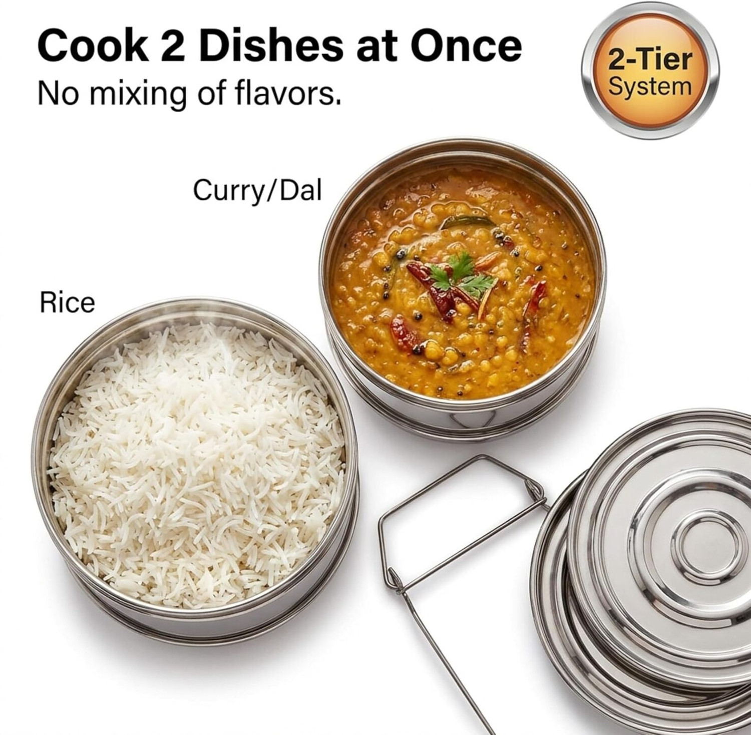 Image of Onions Expresso 5L Outer Lid Cooker Separator Set (2 Containers) Stainless Steel Steamer