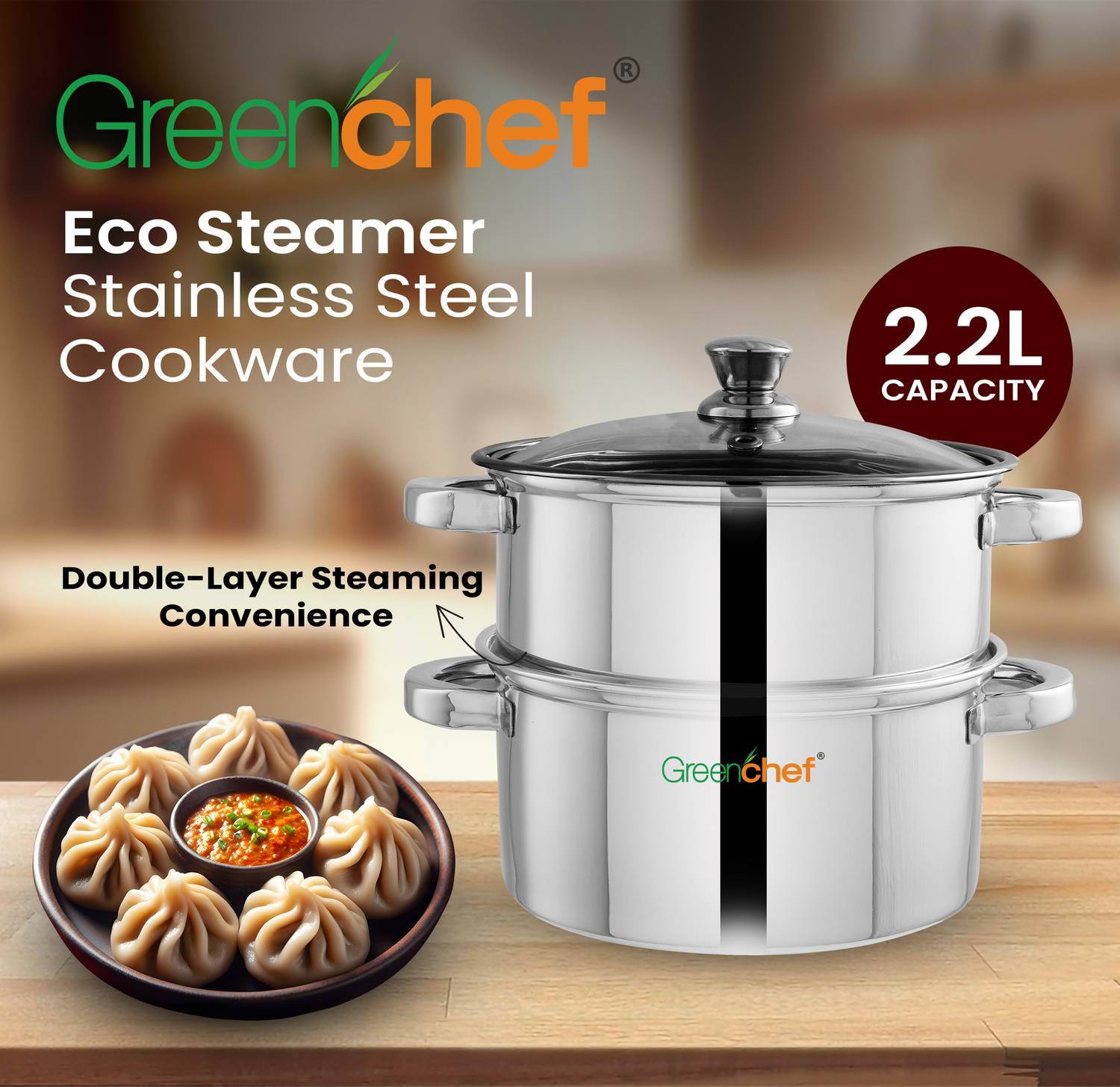 Greenchef Eco Double Tier Stainless Steel Steamer (2.2 L)