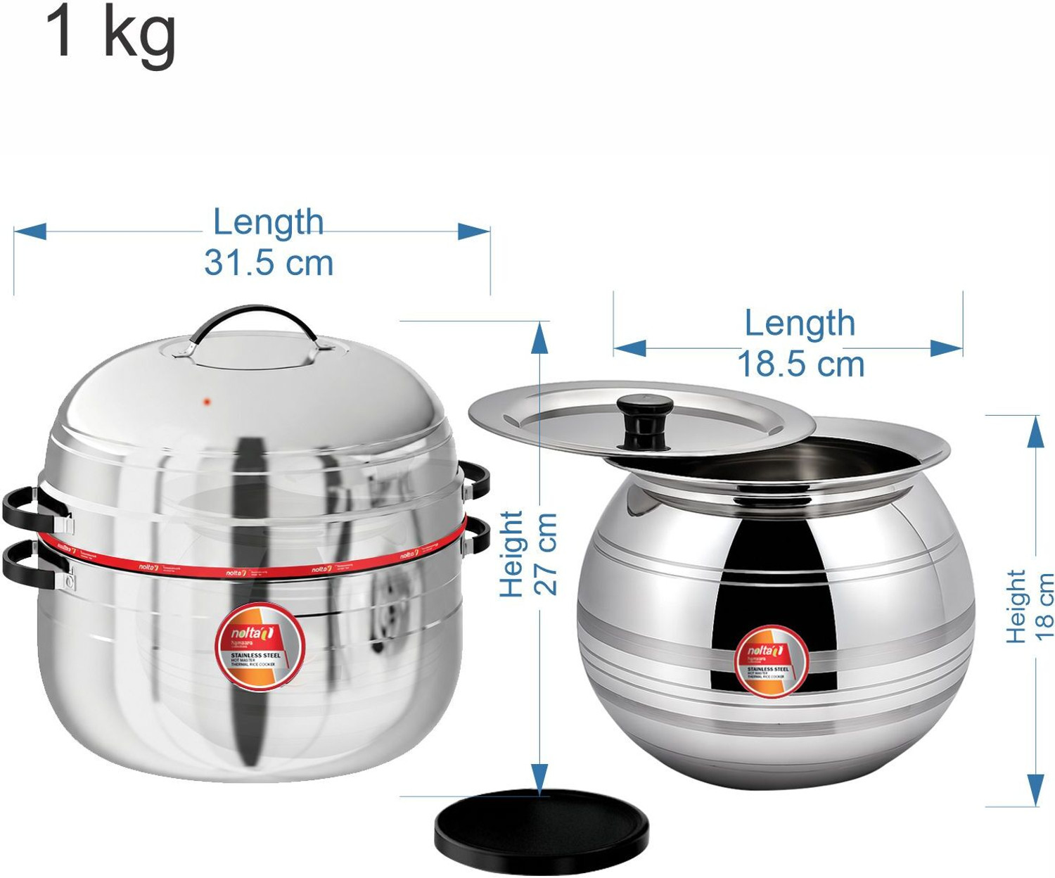 Image of Nolta Rice Cooker 1 KG, Thermal SS Pot & Rubber Gasket, ISO Certified Choodarapetty Stainless Steel Steamer