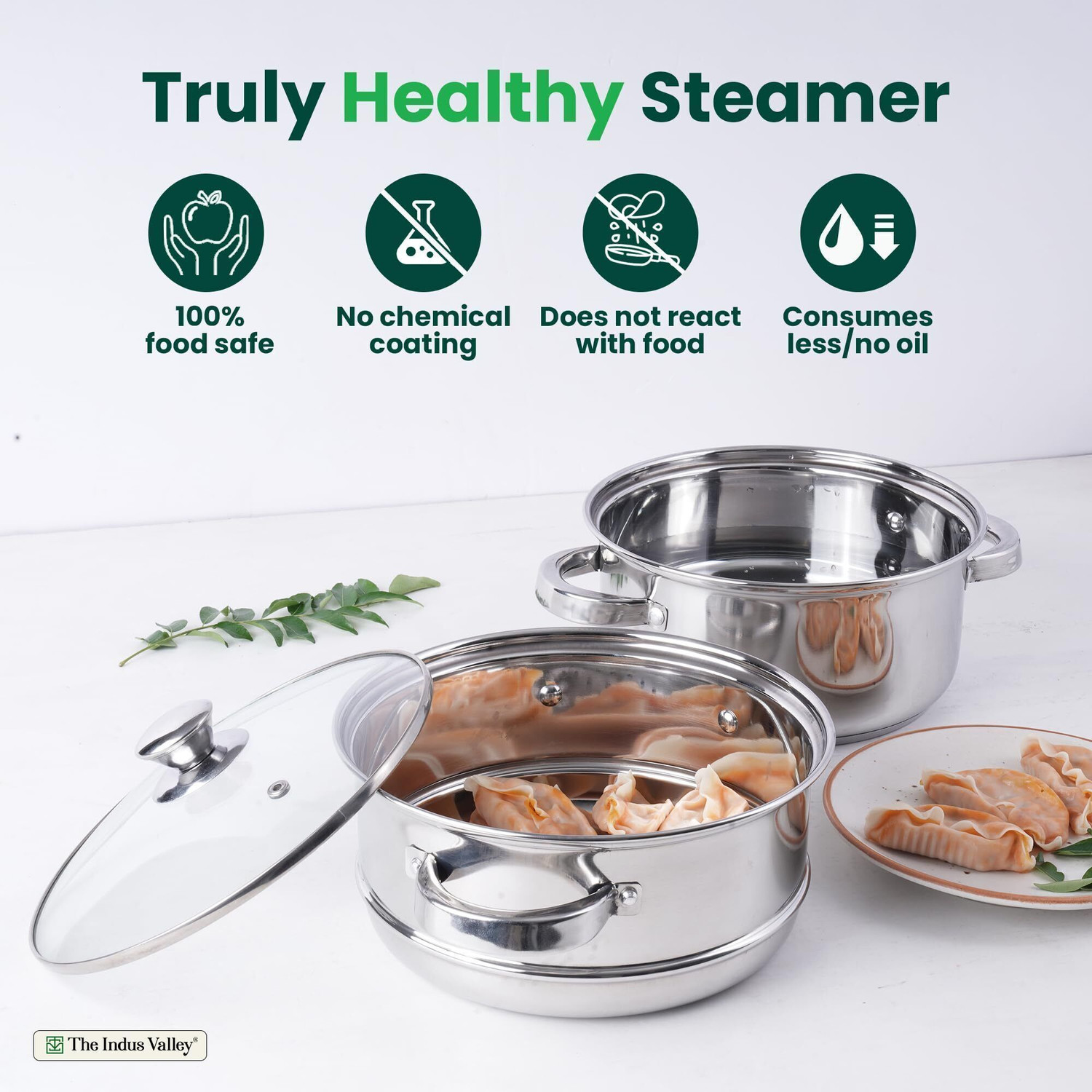 Image of The Indus Valley 2-Tier Steamer with Glass Lid| 3-Layer sandwich base Modak /Veggies / Momo Maker| Stainless Steel Steamer