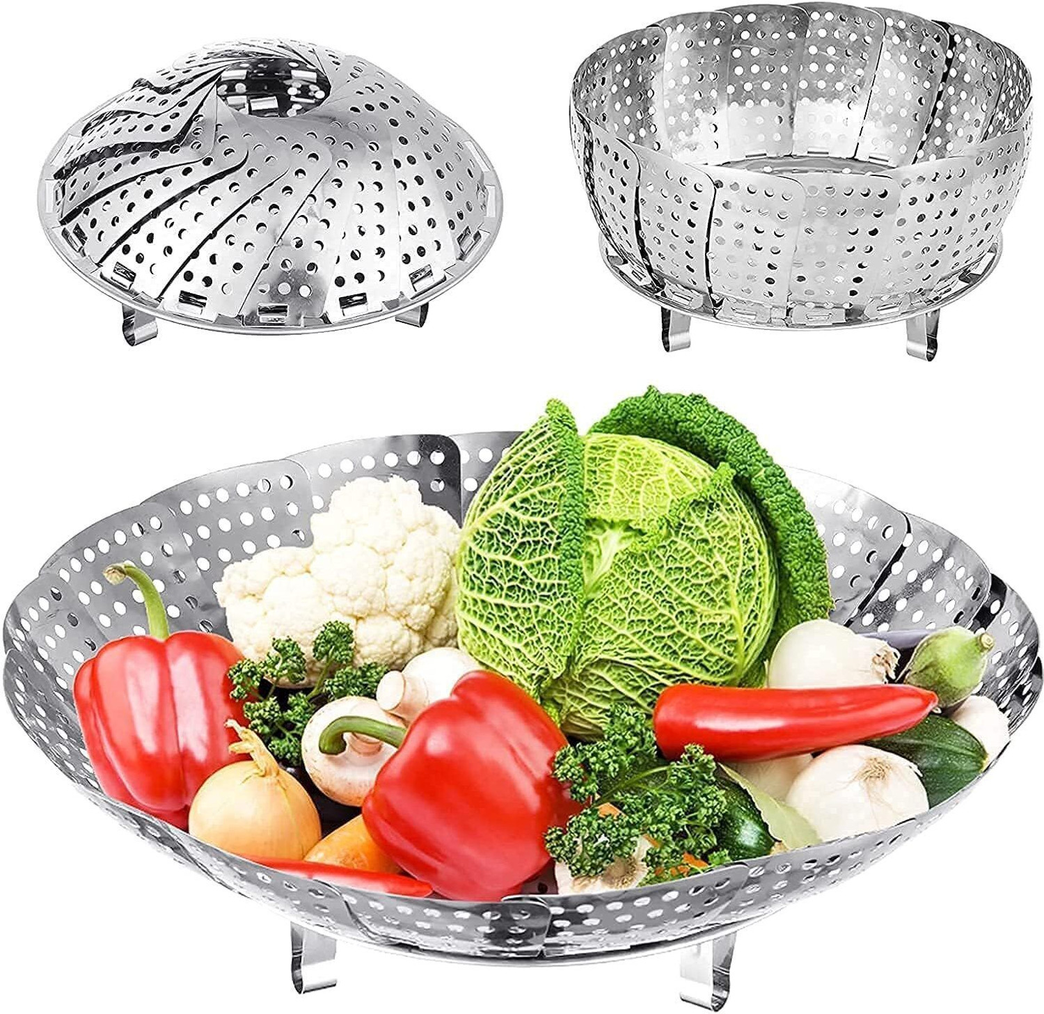 Image of On cart Folding Vegetable Steamer Basket, 100% Stainless Steel Steamer Insert for Veggie Stainless Steel Steamer