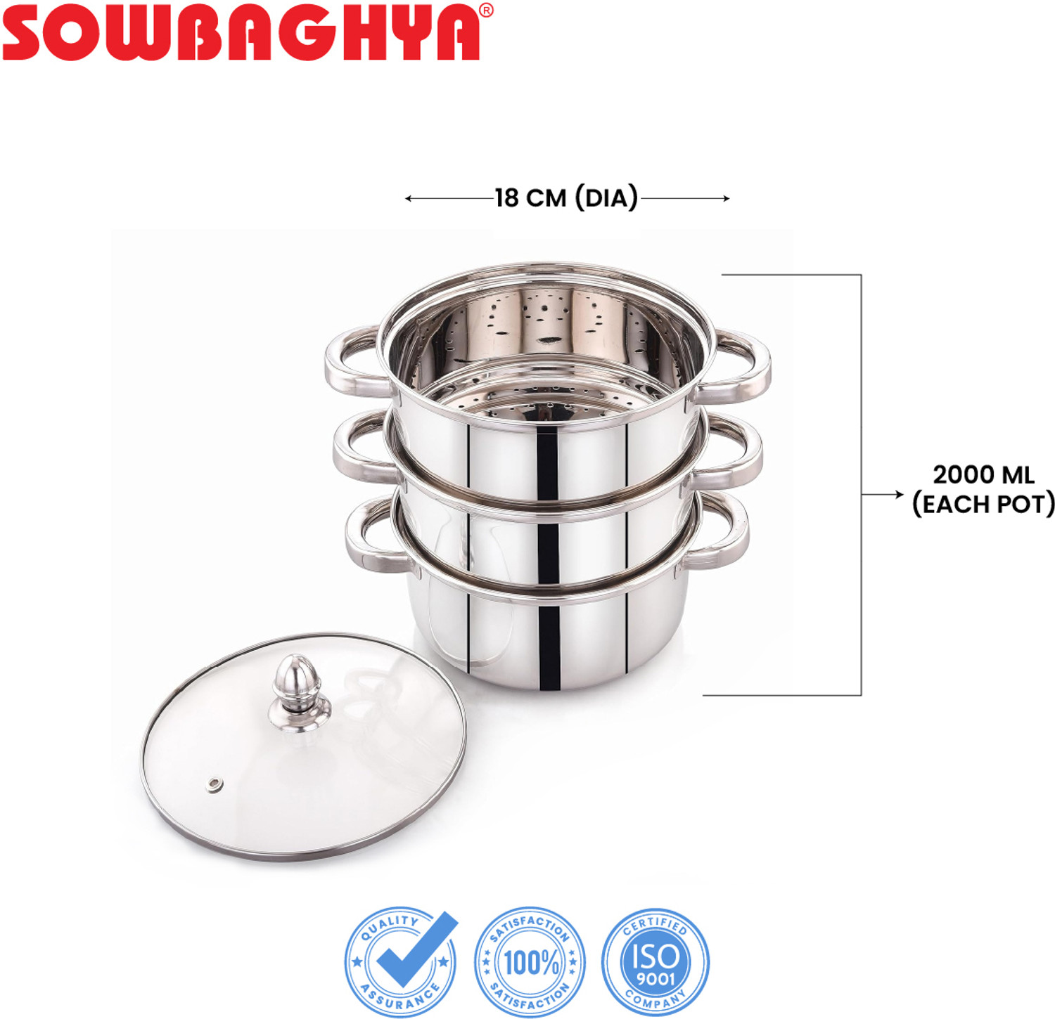 Image of Sowbaghya Sowbaghya 3Tier Steamer with Glass Lid (Induction Bottom) 18cm Dia - Stainless Steel Steamer