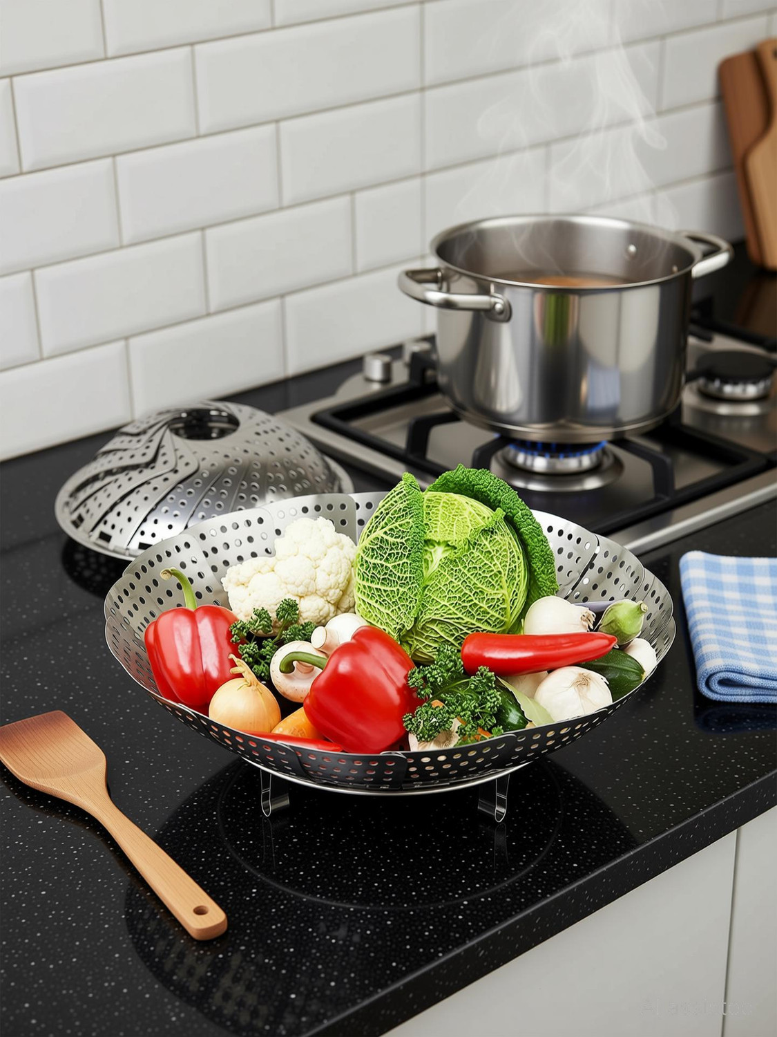 Image of Niralasa Folding Vegetable Steamer Basket, 100% Stainless Steel Steamer Insert for Veggie Stainless Steel Steamer