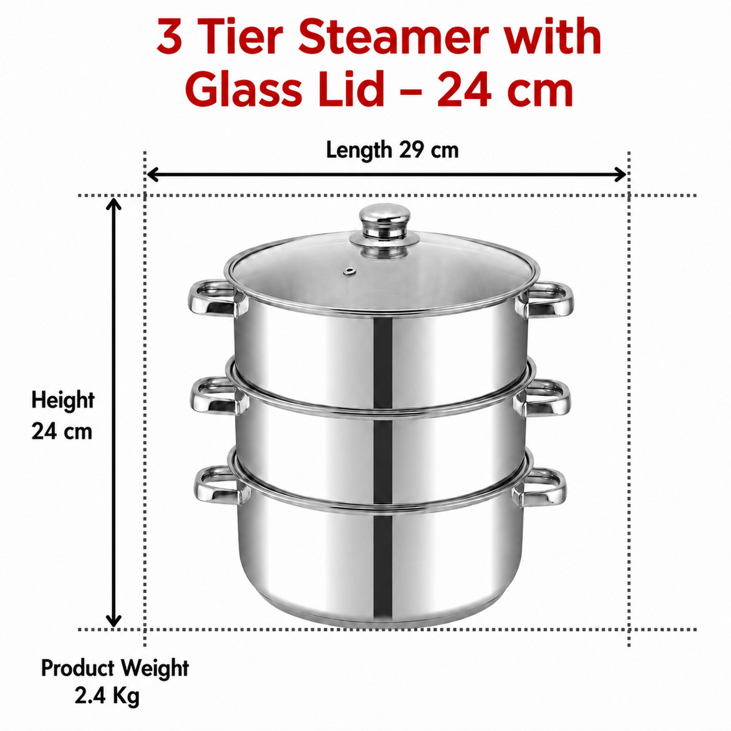Image of VINOD 3-Tier 24 cm Stainless Steel Momo & Modak Steamer, Glass Lid, Induction Base Stainless Steel Steamer
