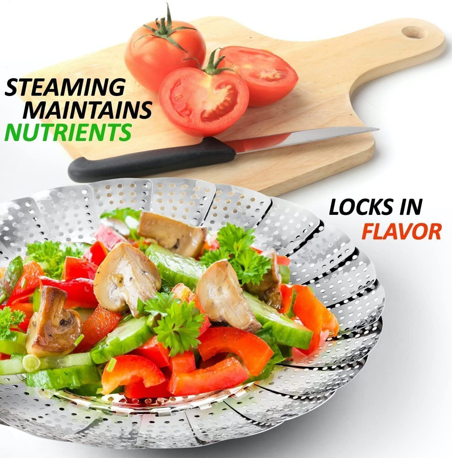 Image of On cart Folding Vegetable Steamer Basket, 100% Stainless Steel Steamer Insert for Veggie Stainless Steel Steamer