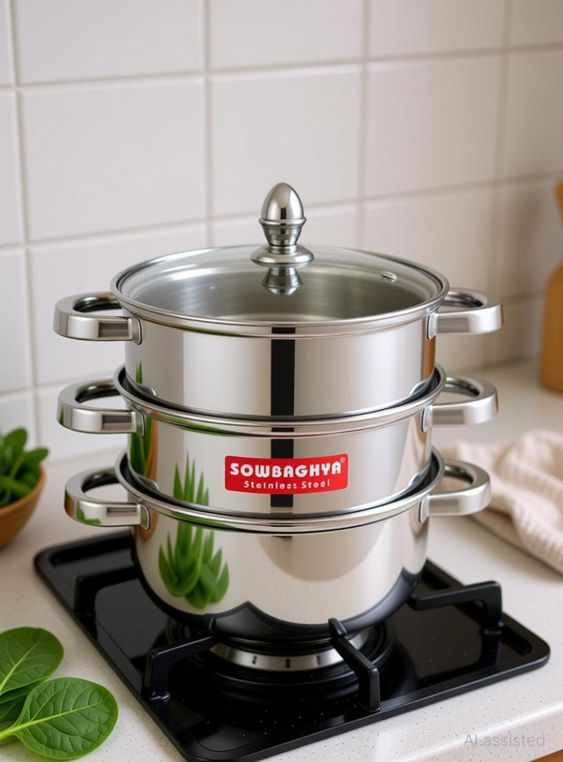 Image of Sowbaghya Sowbaghya 3Tier Steamer with Glass Lid (Induction Bottom) 18cm Dia - Stainless Steel Steamer
