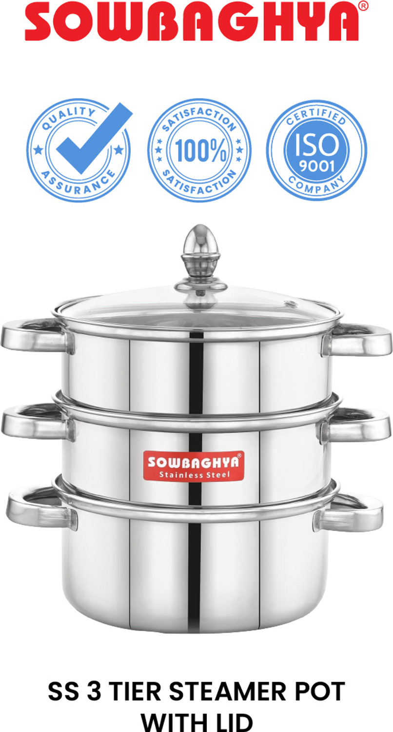 Image of Sowbaghya Sowbaghya 3Tier Steamer with Glass Lid (Induction Bottom) 18cm Dia - Stainless Steel Steamer