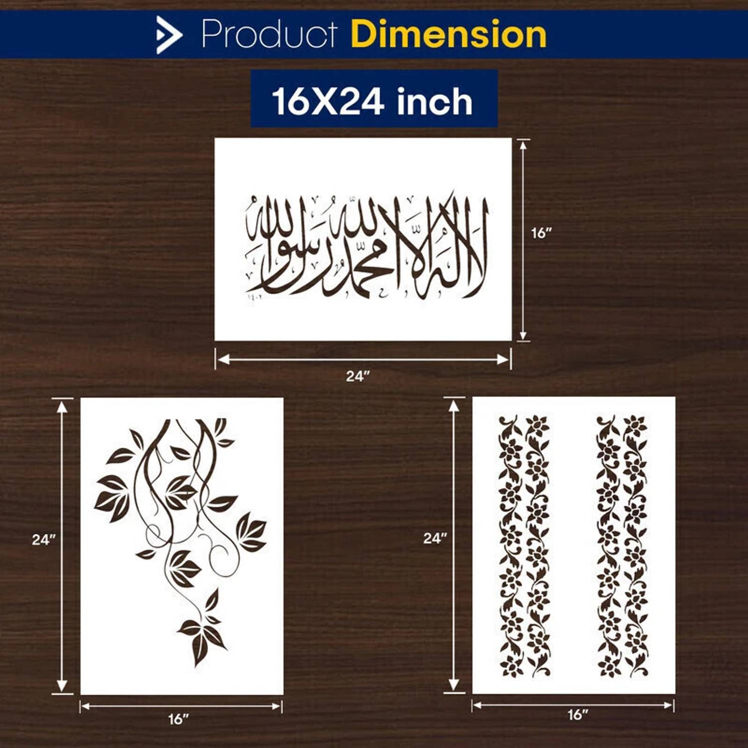 ARandNJ Combo Painting Wall Stencils (Size:- 16X24 Inch) ISLAMIC THEME- "Creeper", "Calligraphy Kalma Arabic Quote" & "Floral Border Pattern" DIY Design Ideal For Drawing Room, Living Room & Office Decoration Modern Reusable Art Wall Stencil