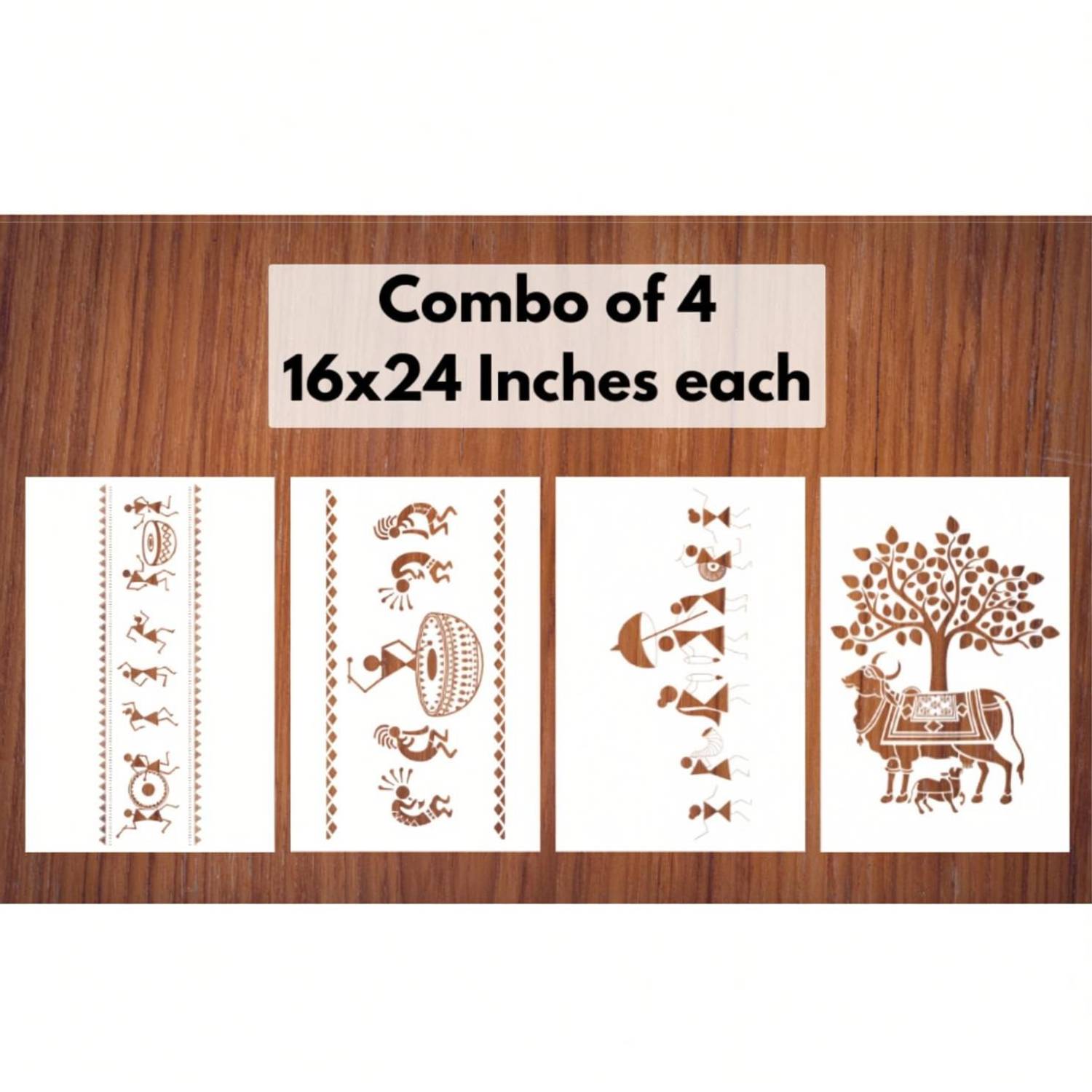 StenCart Modern Wall Design Stencils for Wall Painting Warli, Drum, Wedding Warli Art and Kamdhenu Cow Stencil for Home Wall Decoration (16x24 inch)–Suitable for Room Decor,Ceiling and Floors Stencil