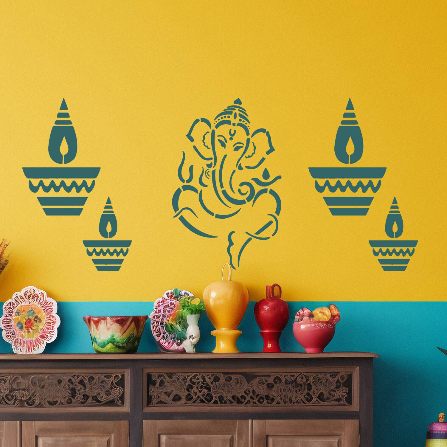ARandNJ Painting Wall Stencils (Size- 16X24 Inch) DiyaBati & Ganesha DIY Reusable Design Pattern Style Combo 40066-40359 Modern Wall Arts Stencil