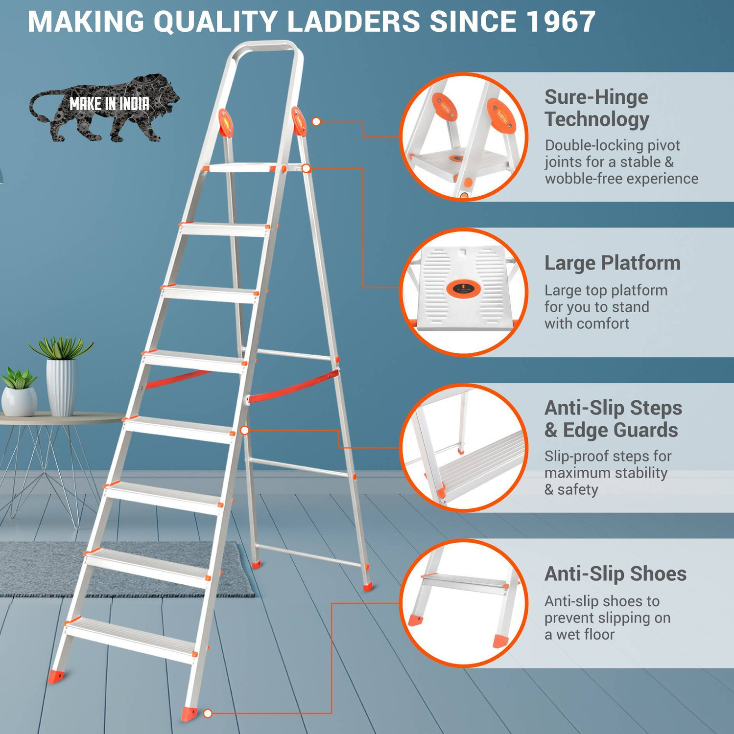 Image of Bathla Advance 8-Step Foldable Aluminium Ladder for Home | Orange | 5-Year Warranty Aluminium Ladder