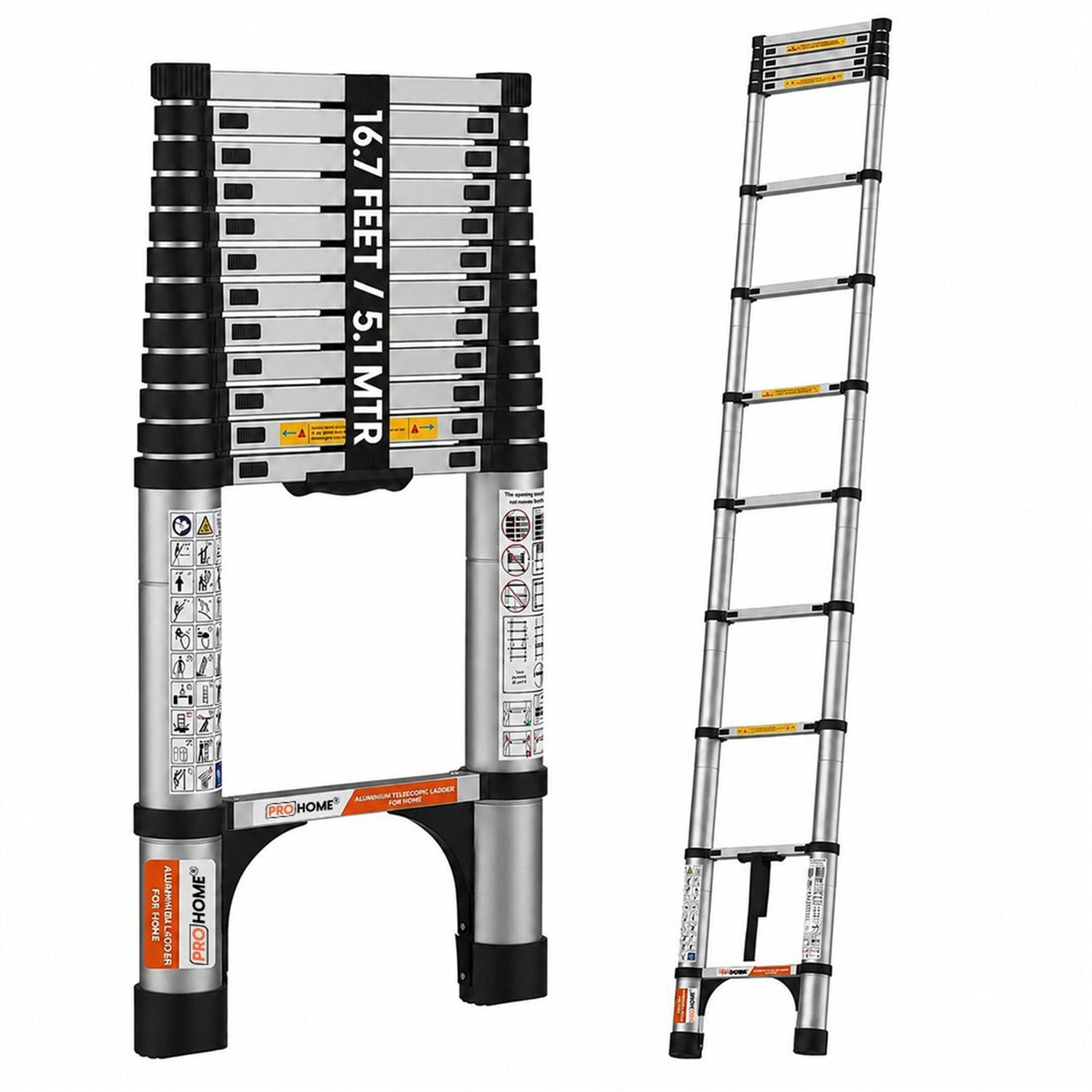 Image of ProHome 5.1 Meter (16.73 feet) Portable & Compact 13-Steps Foldable Telescopic Carbon Steel Ladder