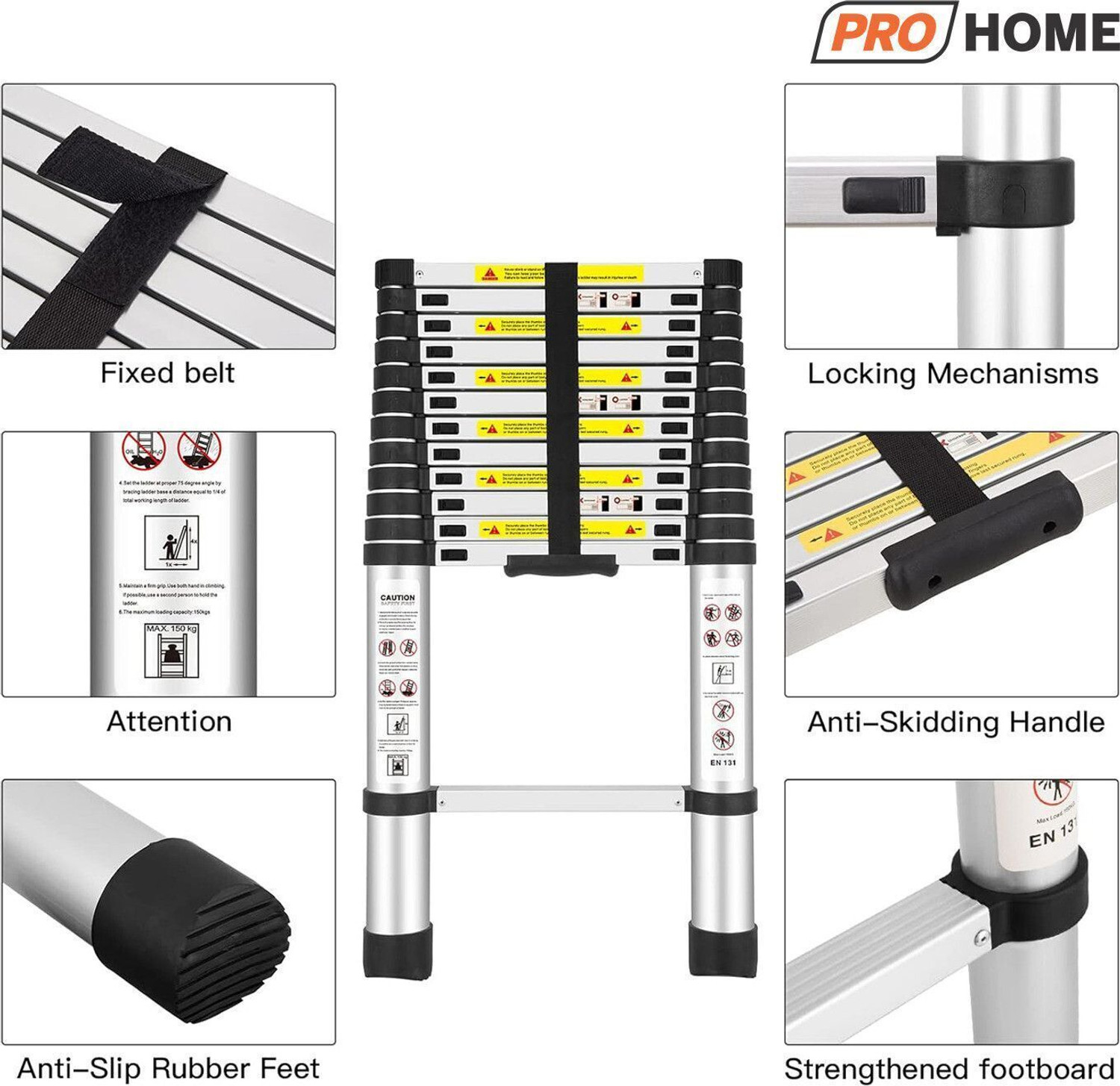 Image of ProHome 5.1 Meter (16.73 feet) Portable & Compact 13-Steps Foldable Telescopic Carbon Steel Ladder