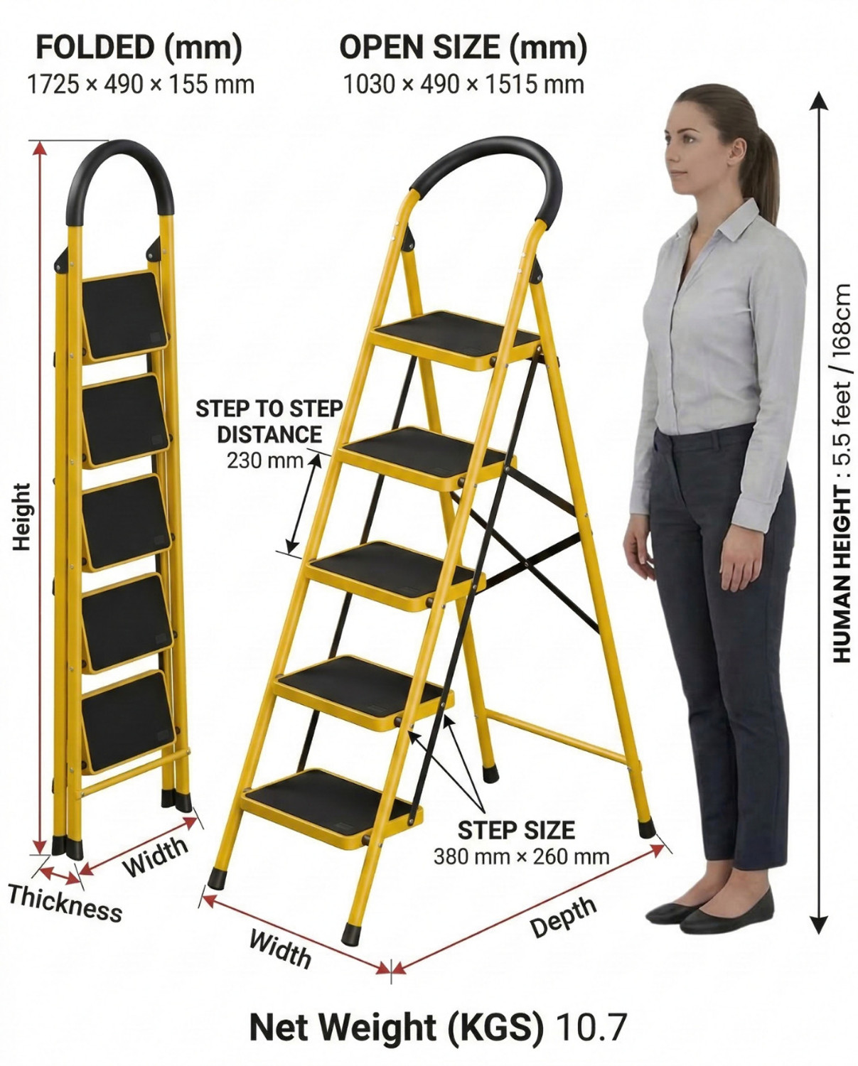 Image of doodad - SAFE 5 Step Yellow Foldable Ladder with Wide Anti-Skid Steps for Home Office Steel Ladder
