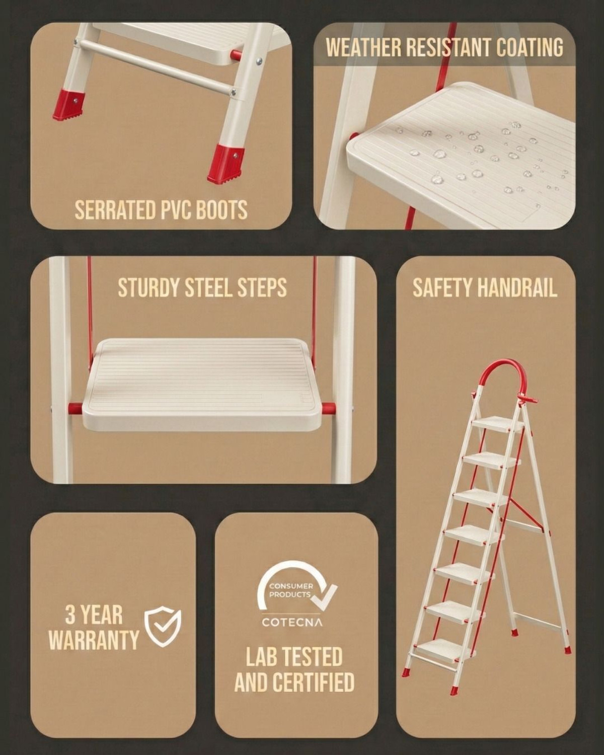 Image of doodad - GLOW 6 Step Foldable Ladder |Anti-Skid| 151Kg load |White & Red| Home & Office Steel Ladder