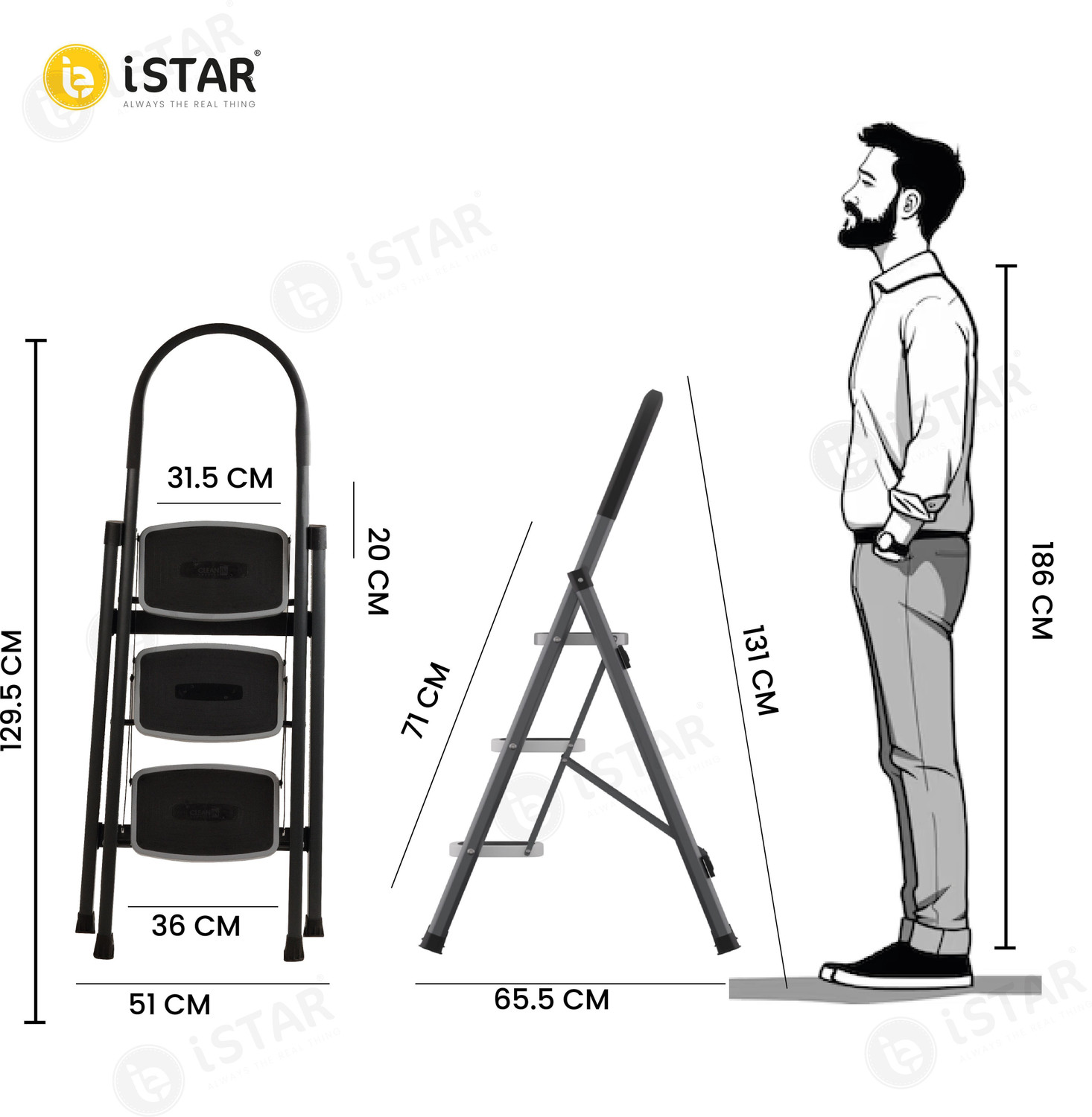 Image of iSTAR Foldable 3-Step Steel Ladder with Hand Grip & Anti-Slip Wide Steps - Durable Steel Ladder