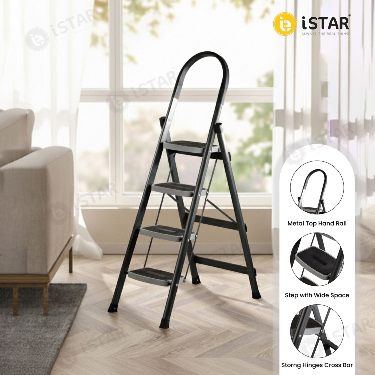 Image of iSTAR Foldable 4-Step Steel Ladder with Hand Grip & Anti-Slip Wide Steps - Durable Steel Ladder