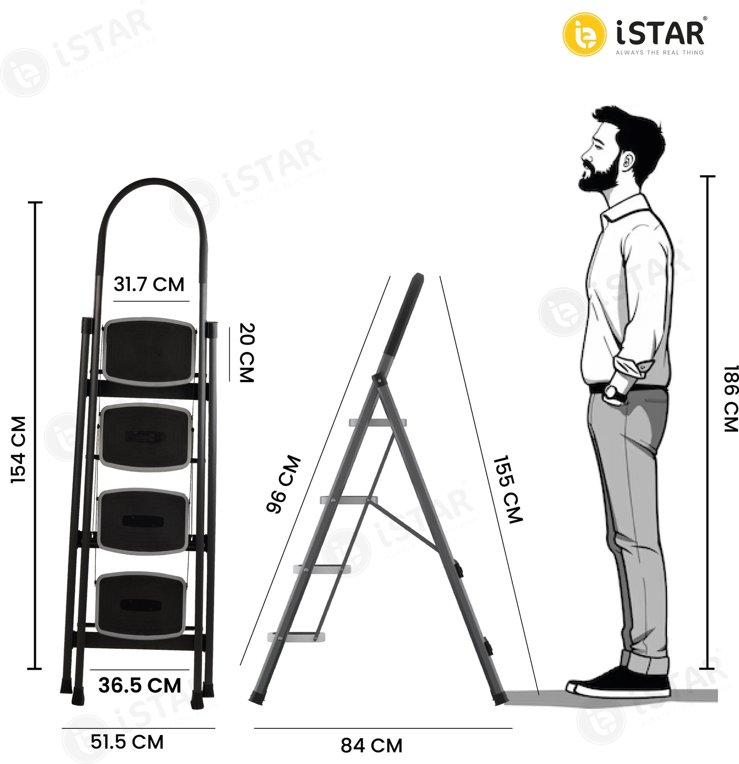 Image of iSTAR Foldable 4-Step Steel Ladder with Hand Grip & Anti-Slip Wide Steps - Durable Steel Ladder