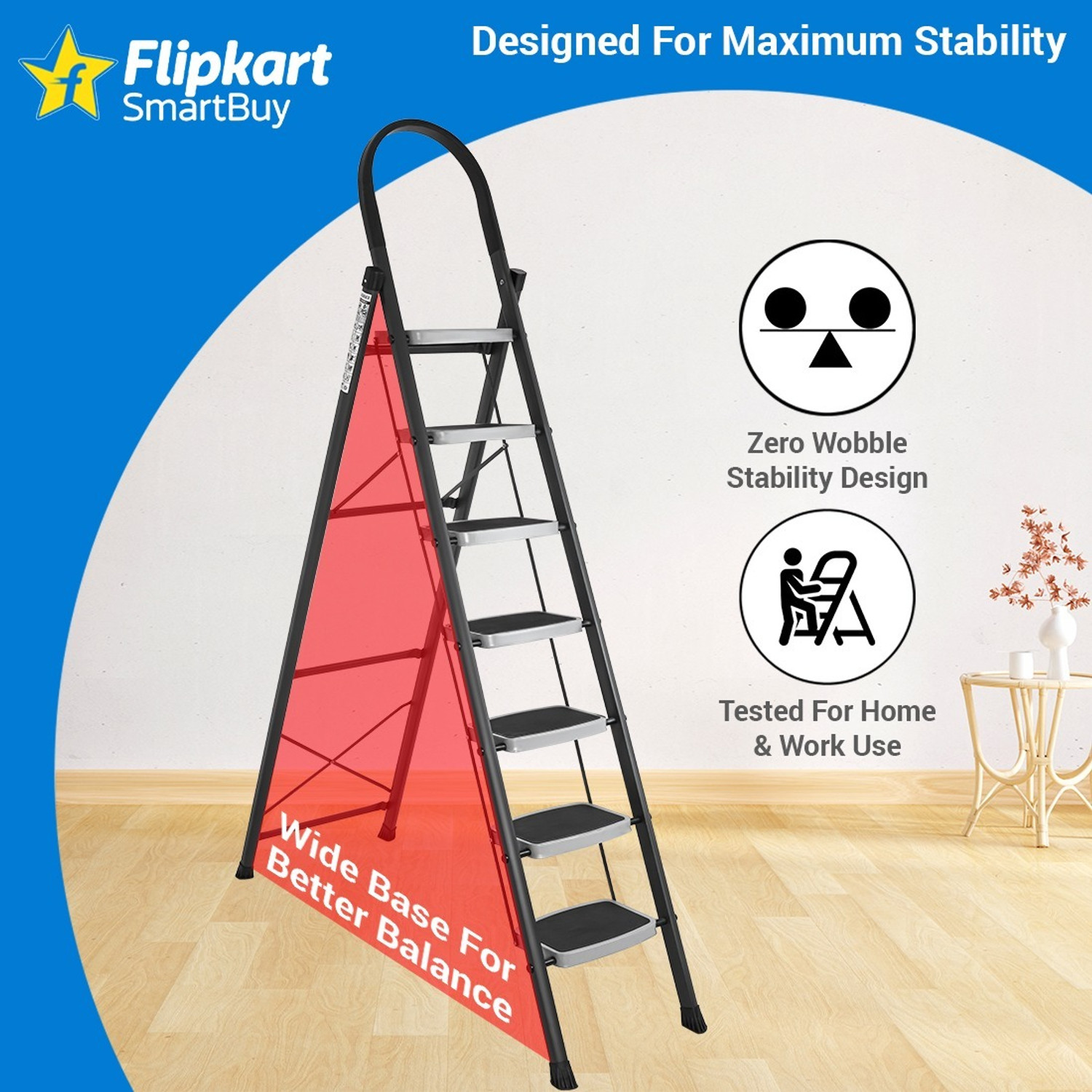 Image of Flipkart SmartBuy Anti-Skid Strong Foldable Wide 7 Step Ladder for Home-Grey Steel Ladder