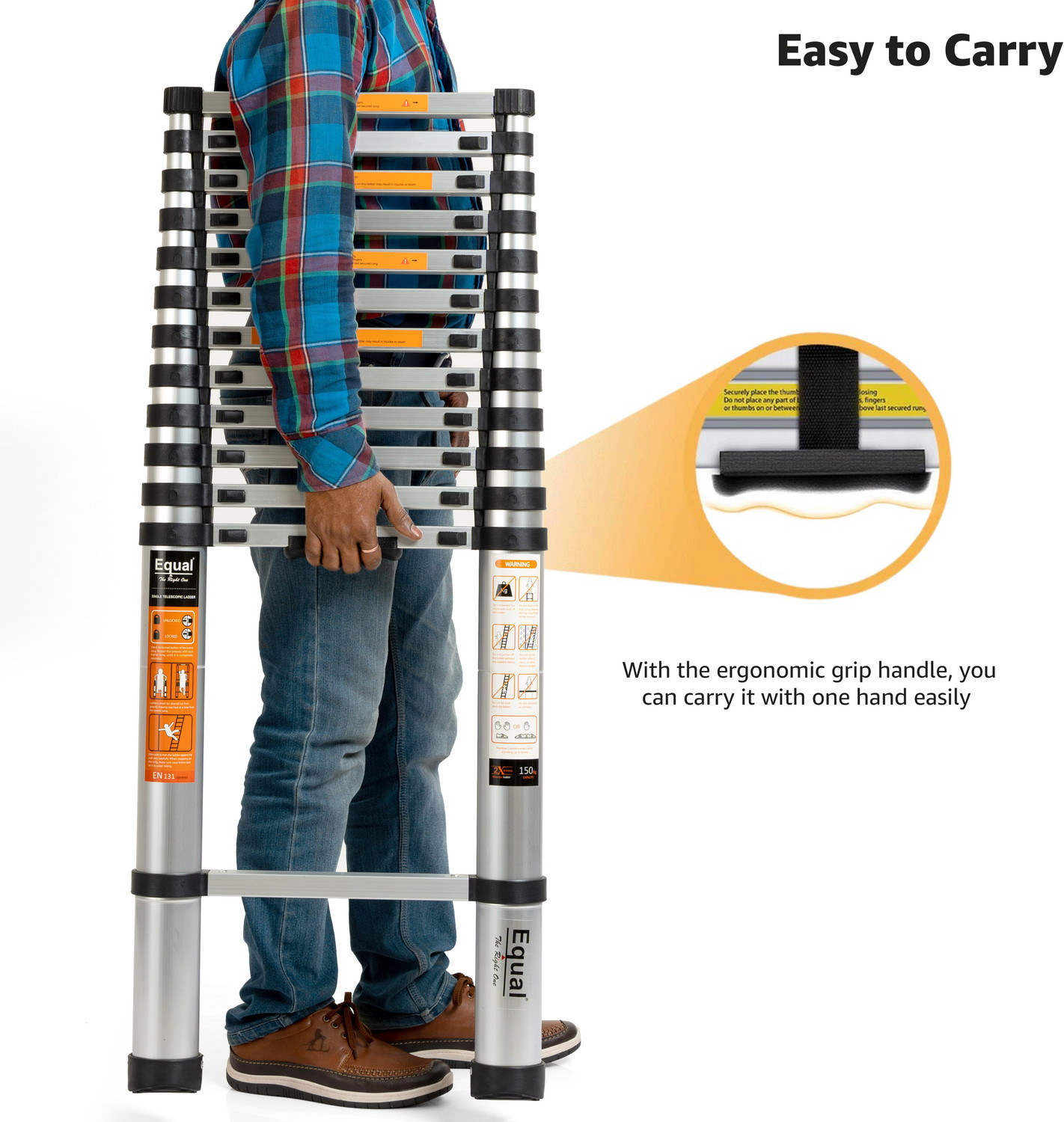 Image of Equal 12.5 ft Telescopic 14 Steps Aluminium Folding Portable Ladder (Finger Protect) Aluminium Ladder