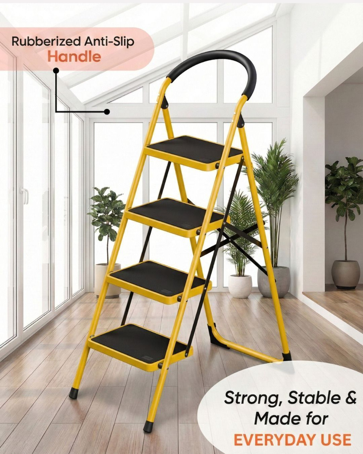 Image of doodad - SAFE 4 Step Yellow Foldable Ladder with Wide Anti-Skid Steps for Home Office Steel Ladder