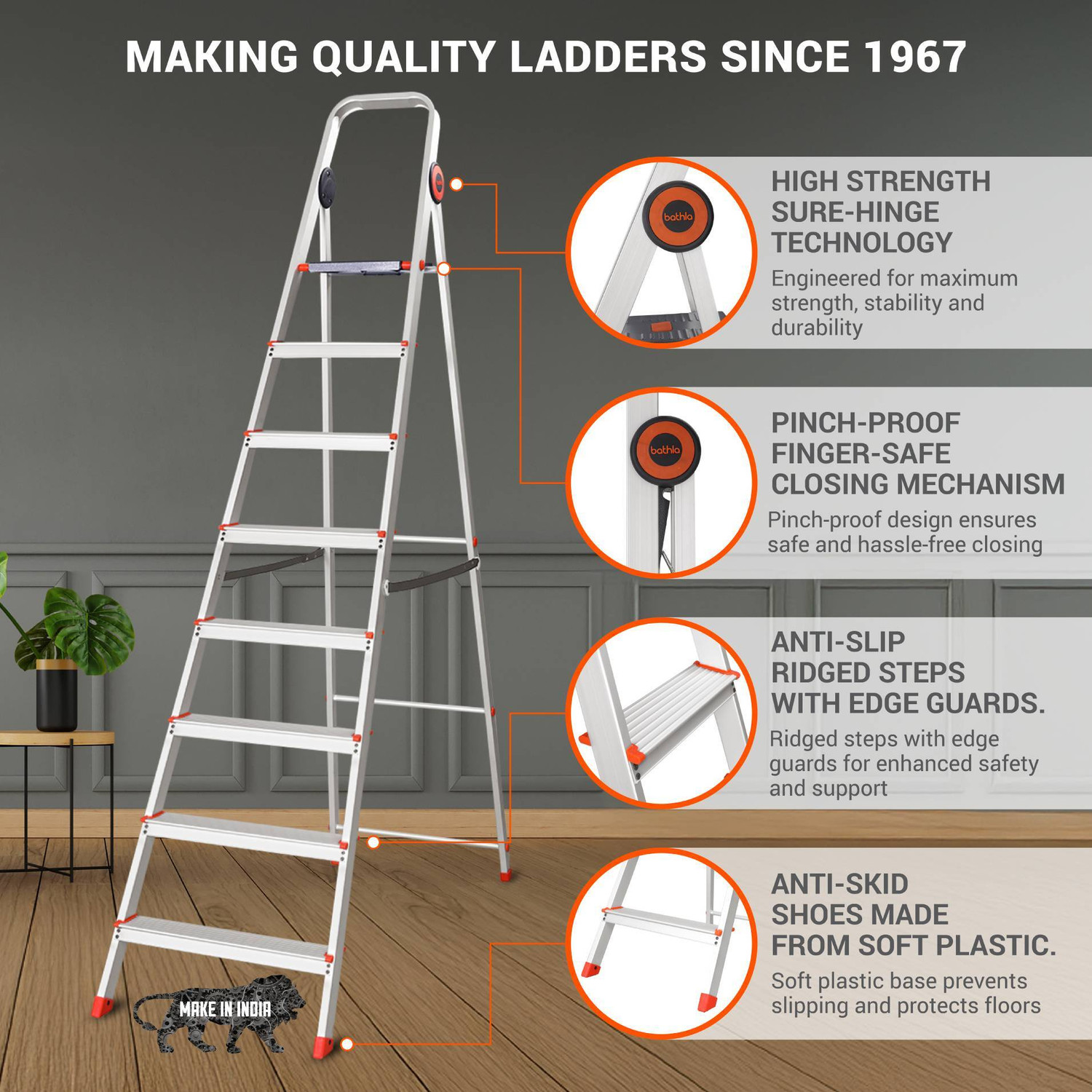 Image of Bathla Advance Pro 8-Step Foldable Aluminium Ladder for Home | Orange | 7-Year Warranty Aluminium Ladder