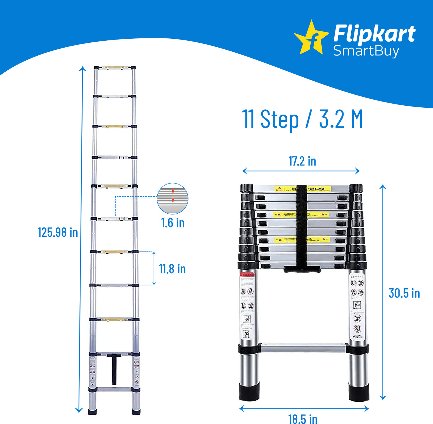 Image of Flipkart SmartBuy 3.2M(10.5FT) Multi-Purpose,Compact & Easy to Carry Telescopic Ladder Extendable Aluminium Ladder