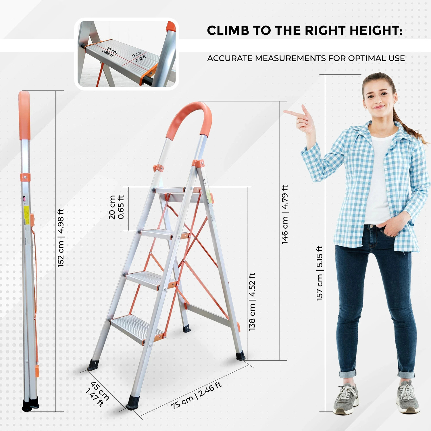 Image of iBELL IBL JY104 4-Step Heavy-Duty Foldable Aluminium Ladder, Anti-Slip Wide Pedals Aluminium Ladder