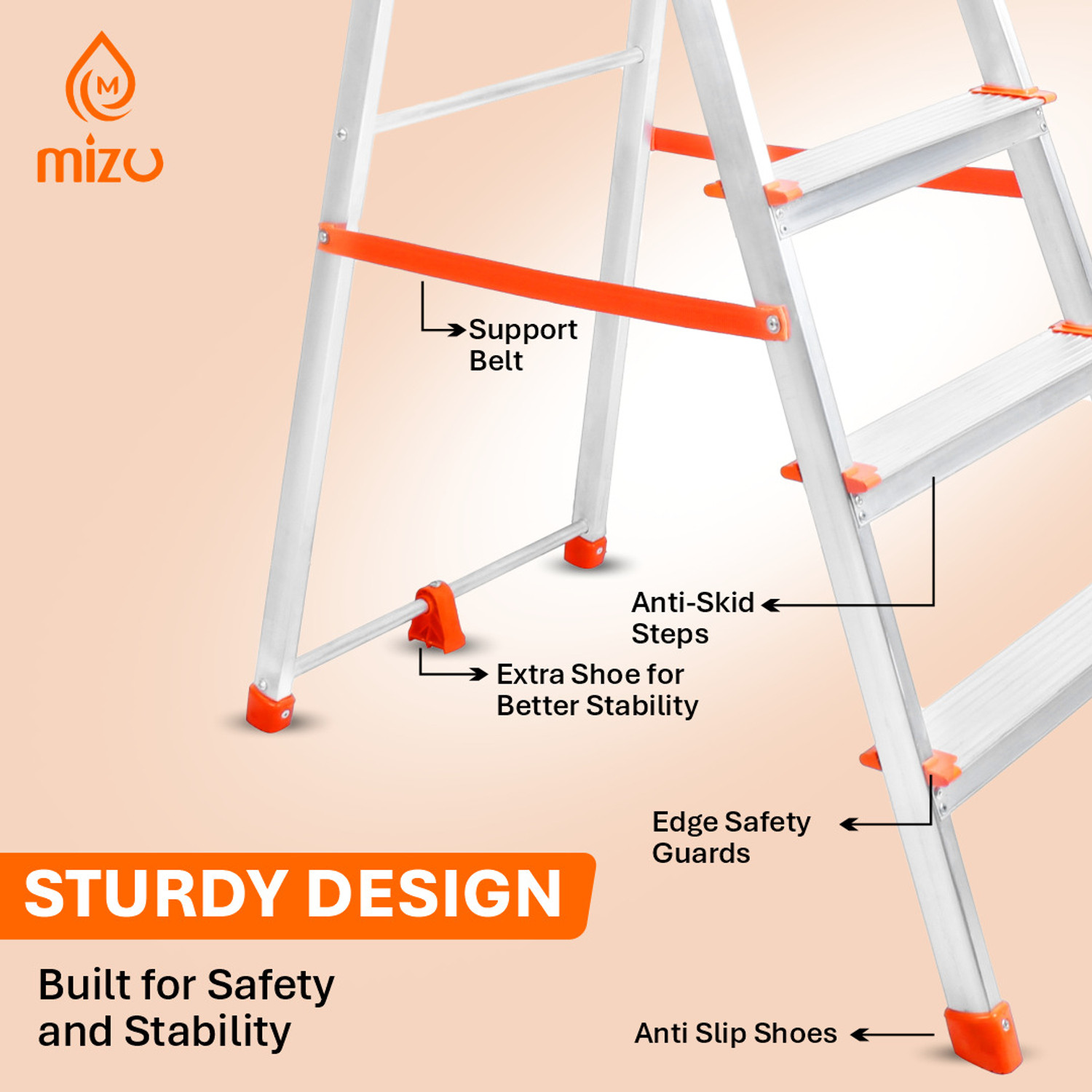 Image of Mizu Exel 8 Steps Ladder For Home With Aluminium Steps & Upto 300 Kgs Load Capacity Steel Ladder