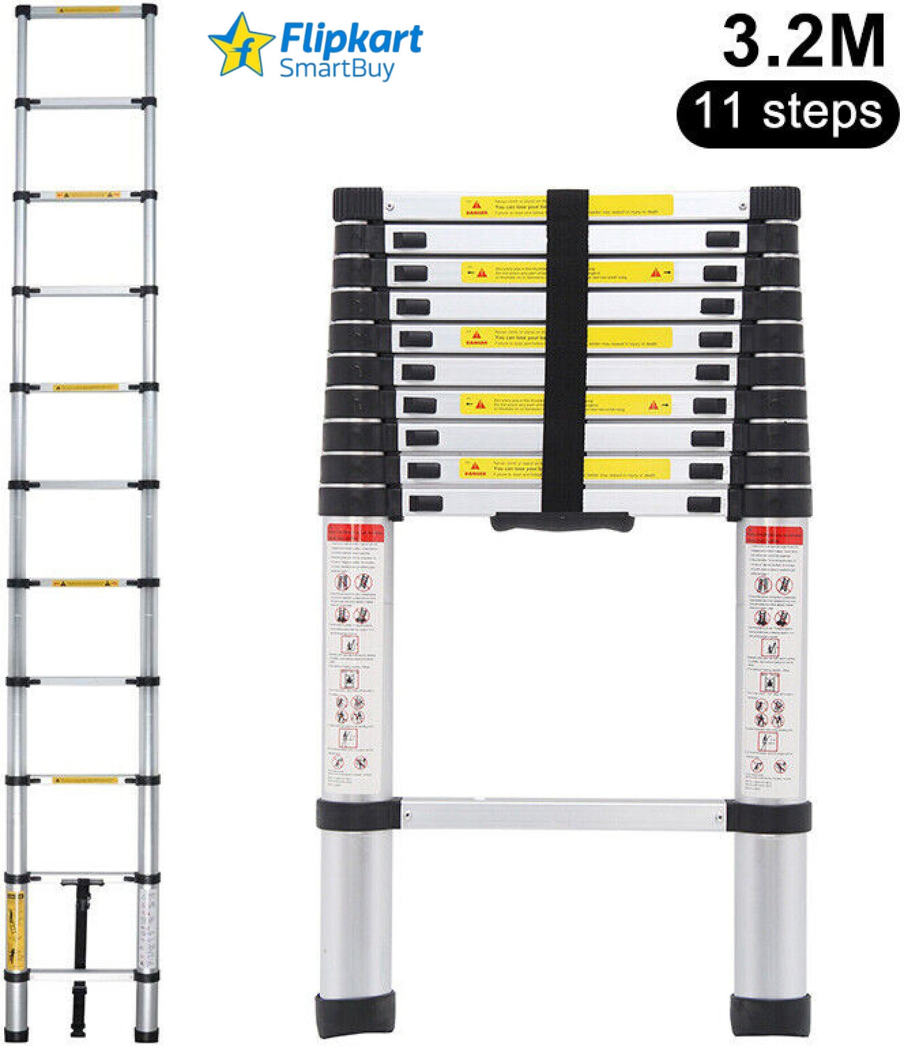 Image of Flipkart SmartBuy 11 Feet Portable Lightweight Compact Ultra Stable 3.2 Meter Telescopic Aluminium Ladder