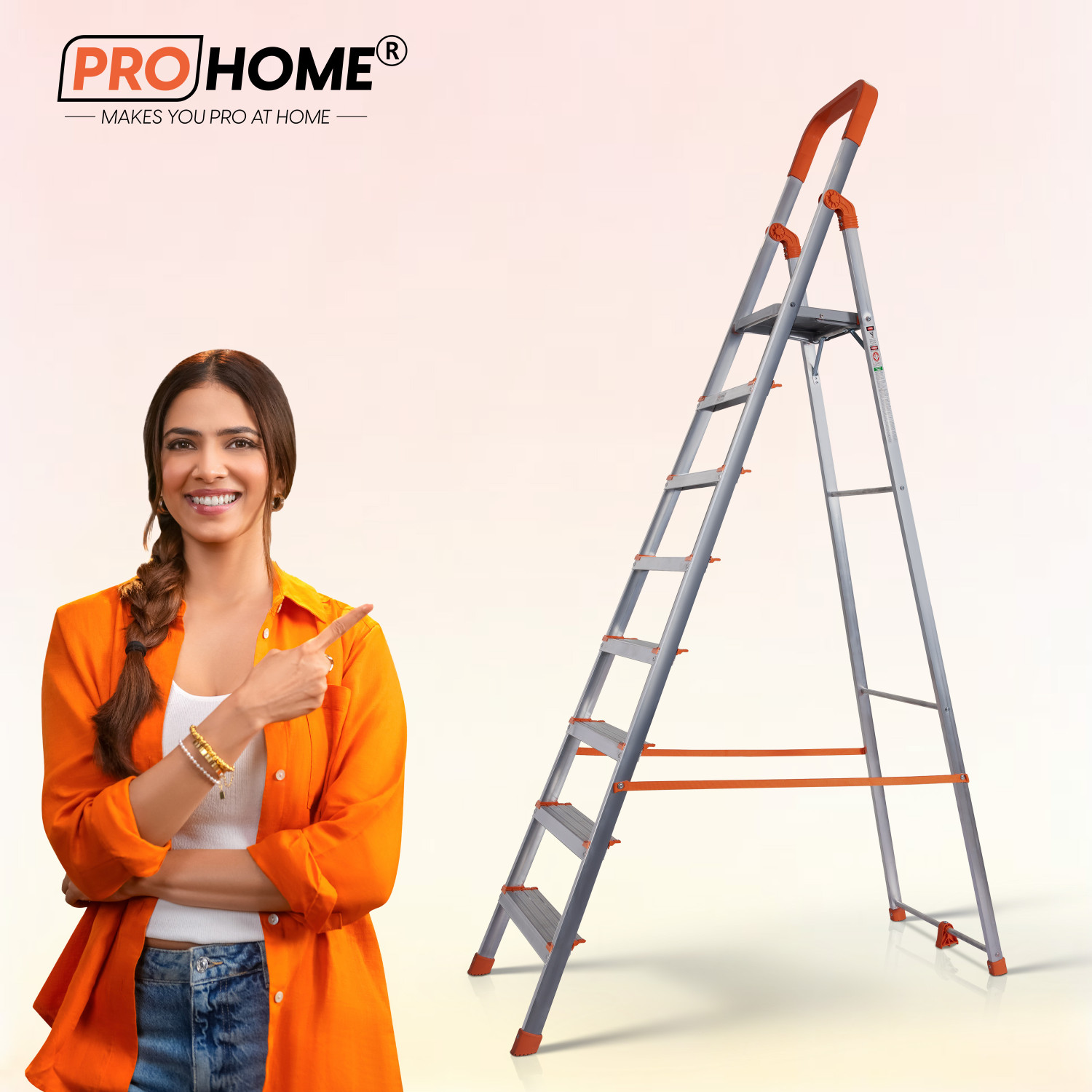 Image of ProHome 8 Steps Premium Heavy Platform Aluminum Ladder for Household with 5 Anti Skid shoes Aluminium Ladder