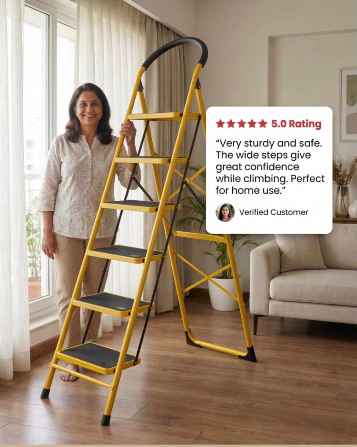 Image of doodad - SAFE 6 Step Yellow Foldable Ladder with Wide Anti-Skid Steps for Home Office Steel Ladder